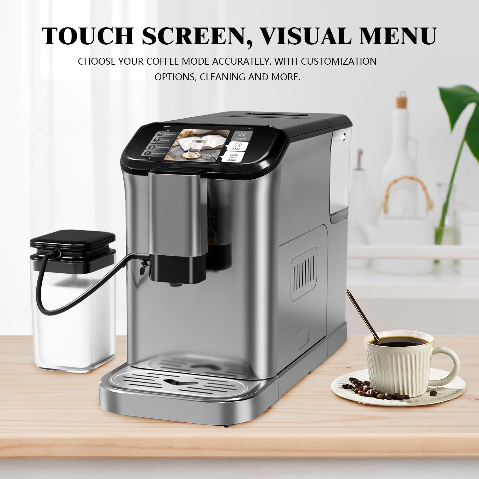 GarveeHome Automatic Espresso Machine & Milk Frother with Stainless Steel Conical Burr Grinder, Integrated 0.75L Milk Container & 1.5L Water Tank, One-Touch Brew Cappuccino & Latte Machine (Grey)