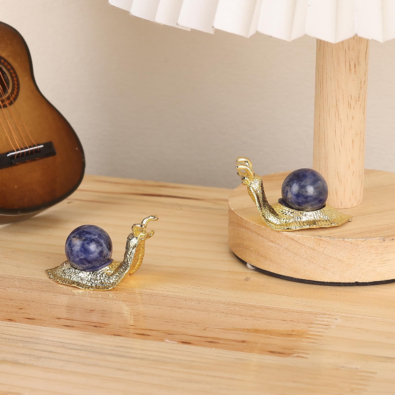 SHENGTIAN 2-Piece Set, 2-Inch Handcrafted Gold Snail Statues with 0.78-Inch Natural Sodalite Crystal Balls, Symbolizing Safety and Journey, Ideal for Desk and Home Decor (Blue-Vein)