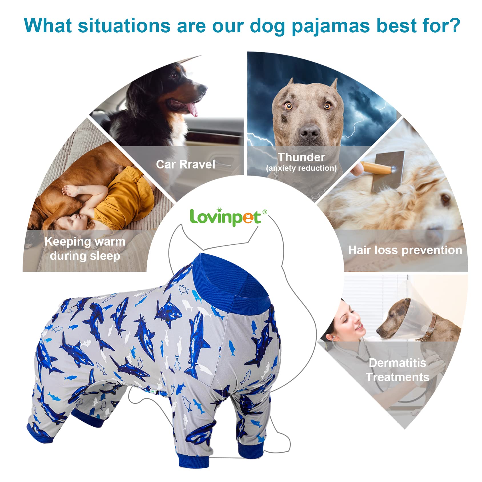 LovinPet Lovinpet Big Dog Pajamas, Pajamas for Large Dogs, Lightweight Fabric, Fintastic Blue Print, UV Protection, Pitbull Clothes, Easy Wearing Adorable Dog Clothes, Pitbull Onesie, Blue Shark 3XL