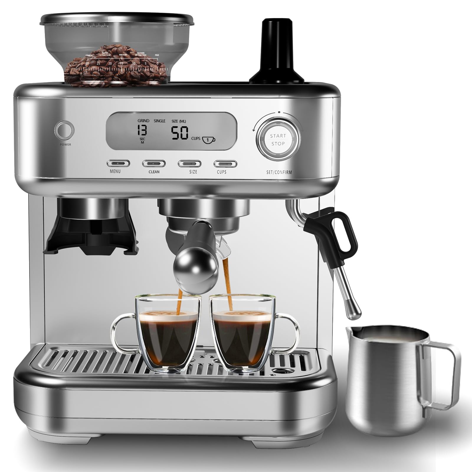 ACONEE Espresso Coffee Maker, 15 Bar Professional Espresso Coffee Maker with Built in Grinder, LED Display, Self-Clean, Barista Coffee Machine Kit, Latte Machines for Home Barista, Office, Grey