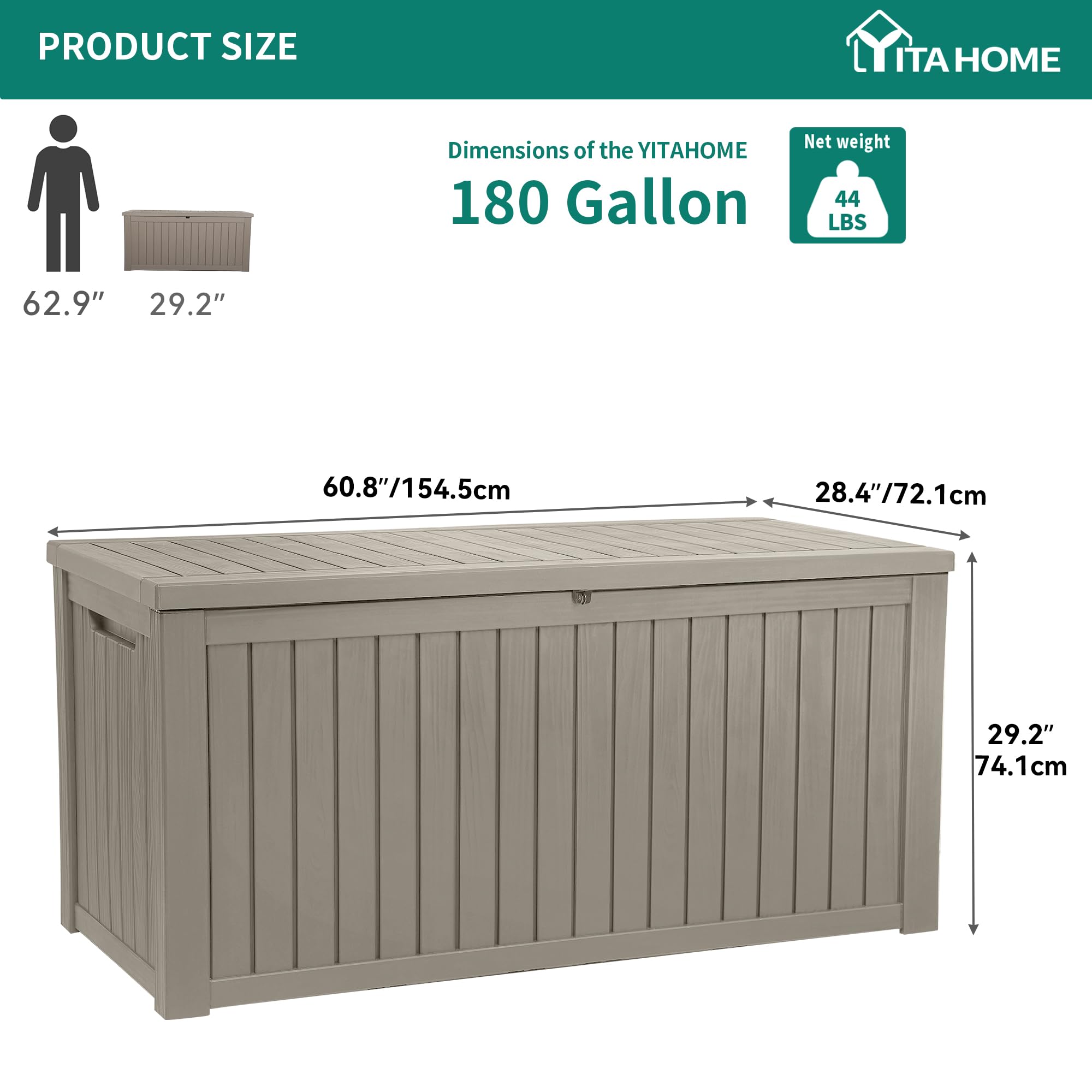YITAHOME 180 Gallon XL Outdoor Storage Deck Box with Divider, Waterproof & Lockable, Ideal for Patio Furniture and Garden Tools, Resin-Built, Wood-Like Texture, Brown