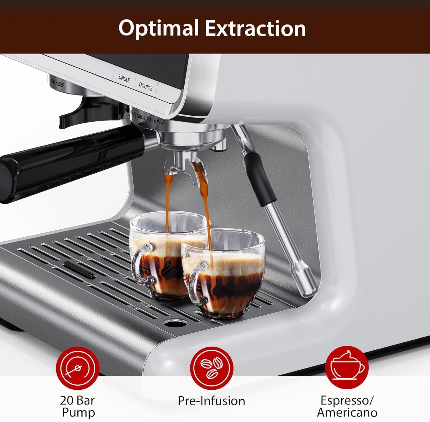 GarveeTech Semi-Automatic Espresso Machine - 1450W/20 Bar Professional Coffee Machine, 30 Grinder Settings, Fast Heating, Milk Frother Steam Wand, Home & Hotel Use, silver gray