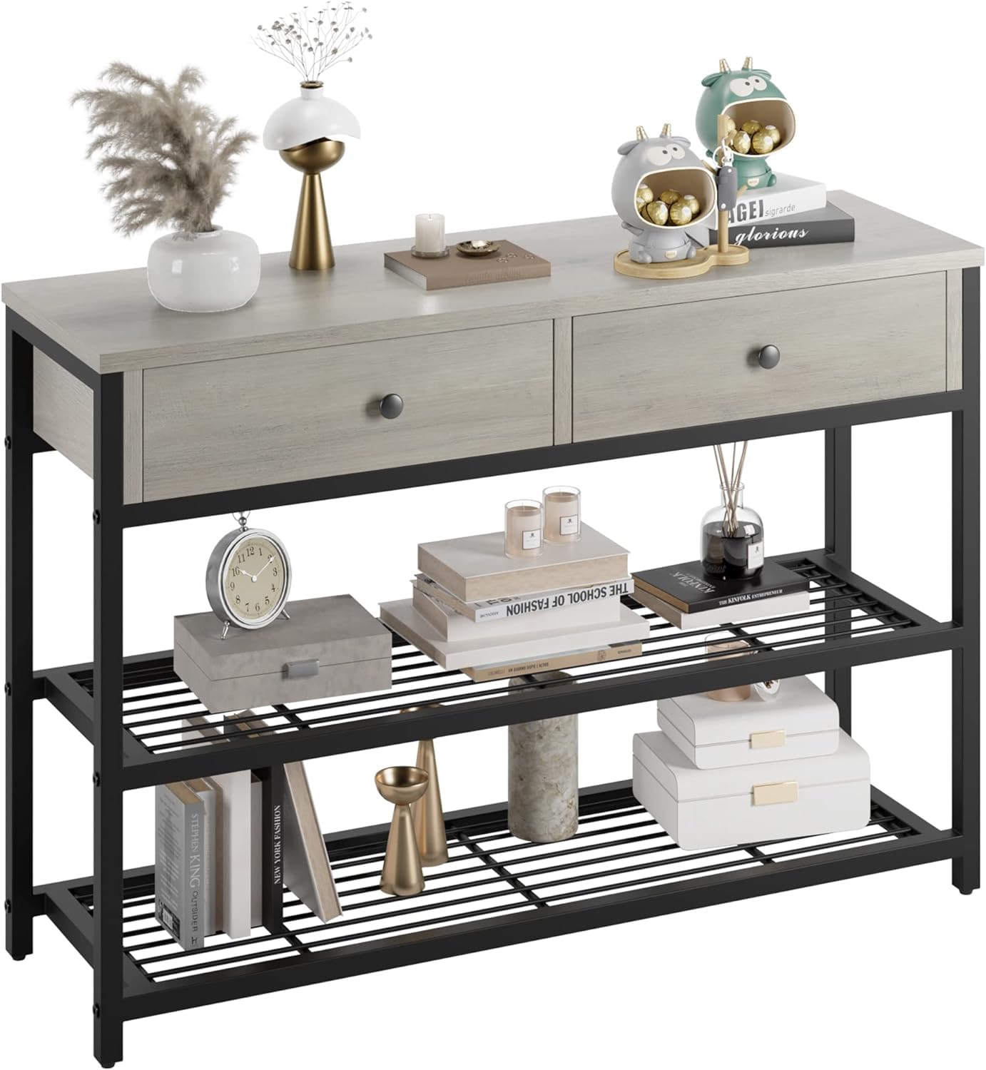 GarveeHome Console Table with 2 Drawers, Sofa Table with 2 Tiers Metal Mesh Open Storage Shelf, Narrow Long Entryway Table for Living Room, Hallway and Foyer, Grey