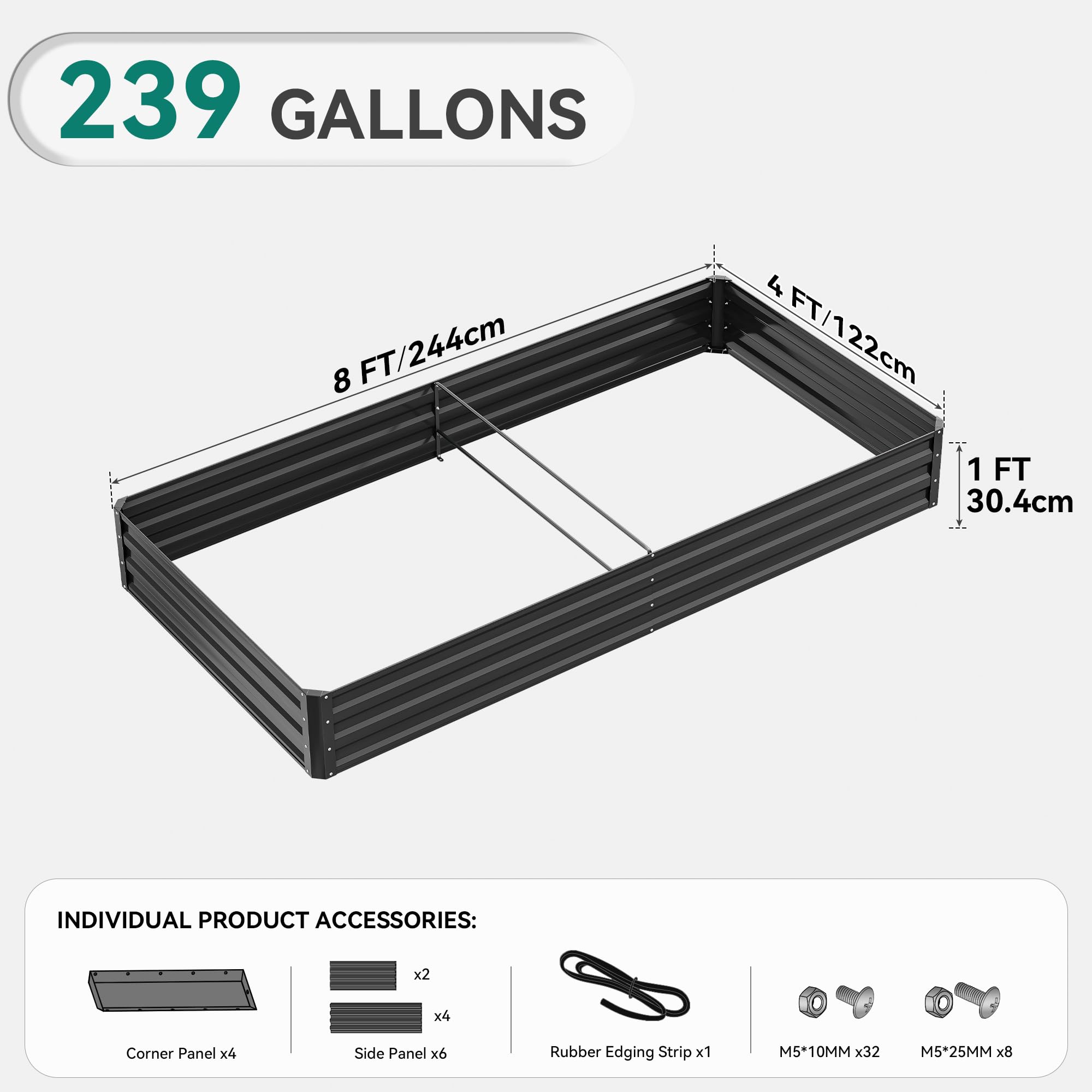 YITAHOME 8x4x1ft 2pcs Large Raised Garden Bed Kit, Galvanized Metal Planter Box with Gloves, Ground Nails & Safety Rubber, Outdoor Above Ground Planters for Plants Vegetables Flowers, Black