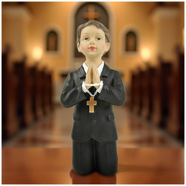 PlentifulHome First Holy Communion Boy Statue – 4.92” Resin Catholic Figurine, Baptism Gift for Boys, Religious Cake Topper, Table Centerpiece Keepsake