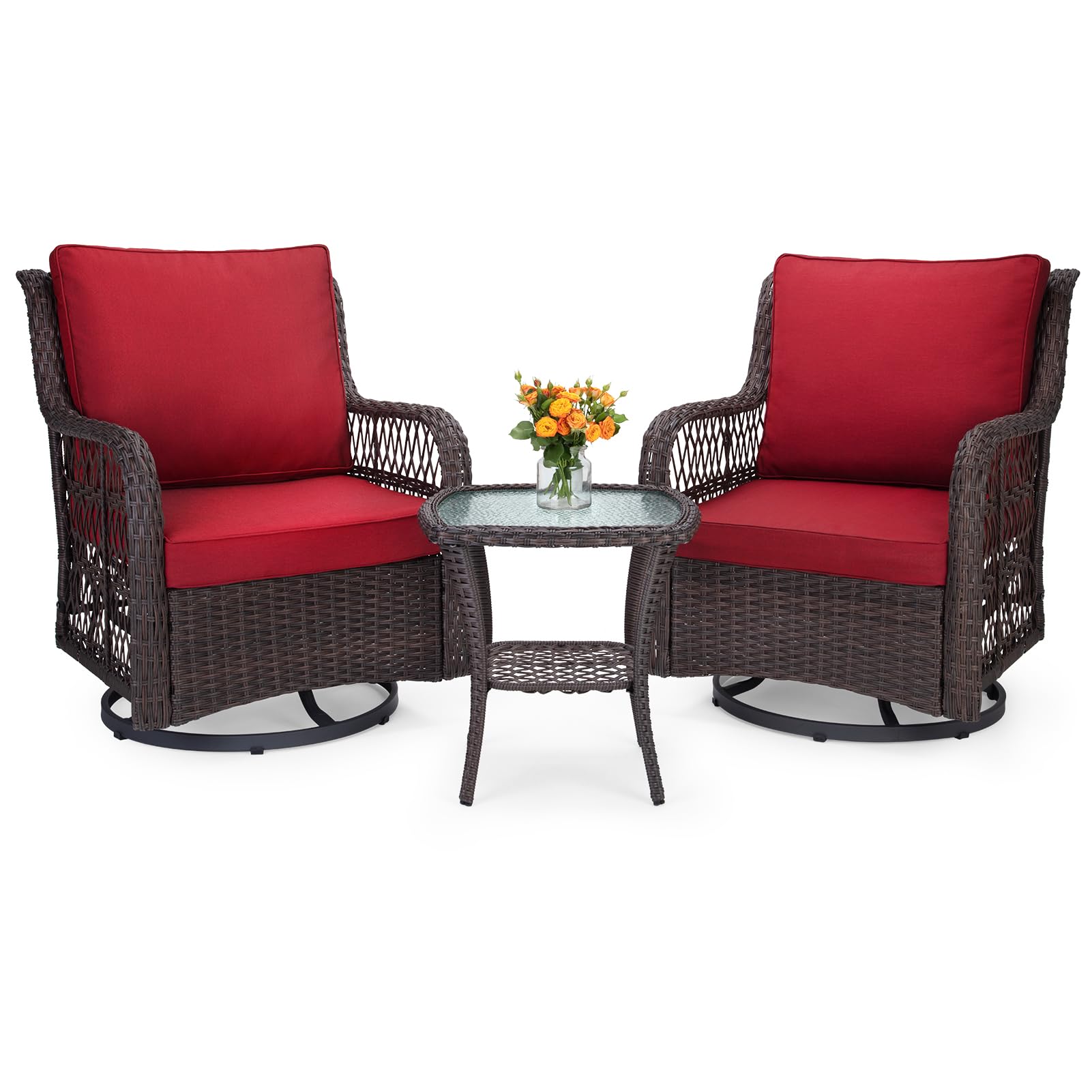 3-Piece Outdoor Wicker Patio Bistro Set w/ 2 360-Degree Swivel Rocking Chairs and Tempered Glass Top Side Table, 360° Swivel Patio Furniture for Backyard, Porch, Deck, Balcony, Garden, Red