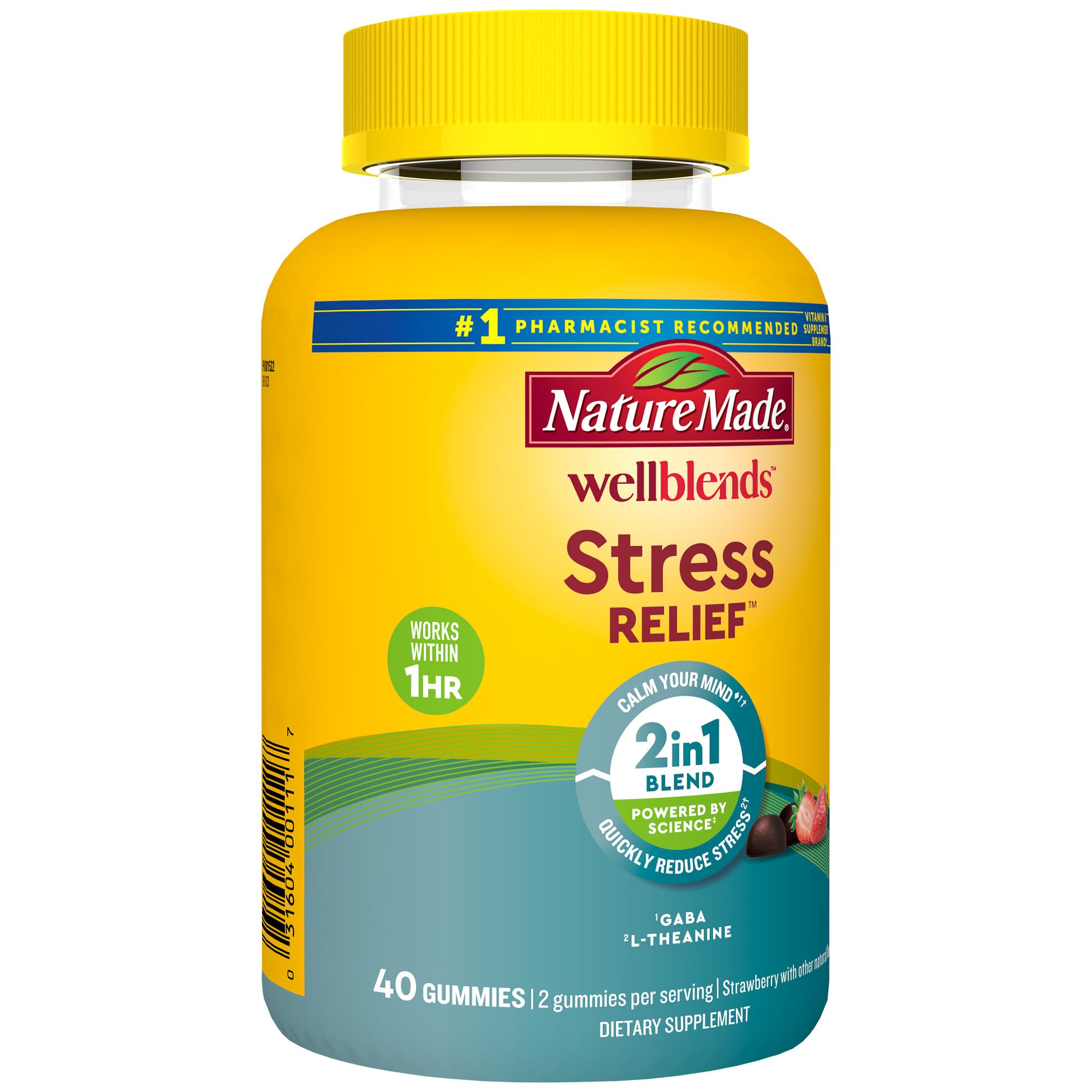 Nature Made Wellblends Stress Relief Gummies, L theanine 200mg to Help Reduce Stress, with GABA 100mg, Same Day Stress Support, 40 Strawberry Flavor Gummies