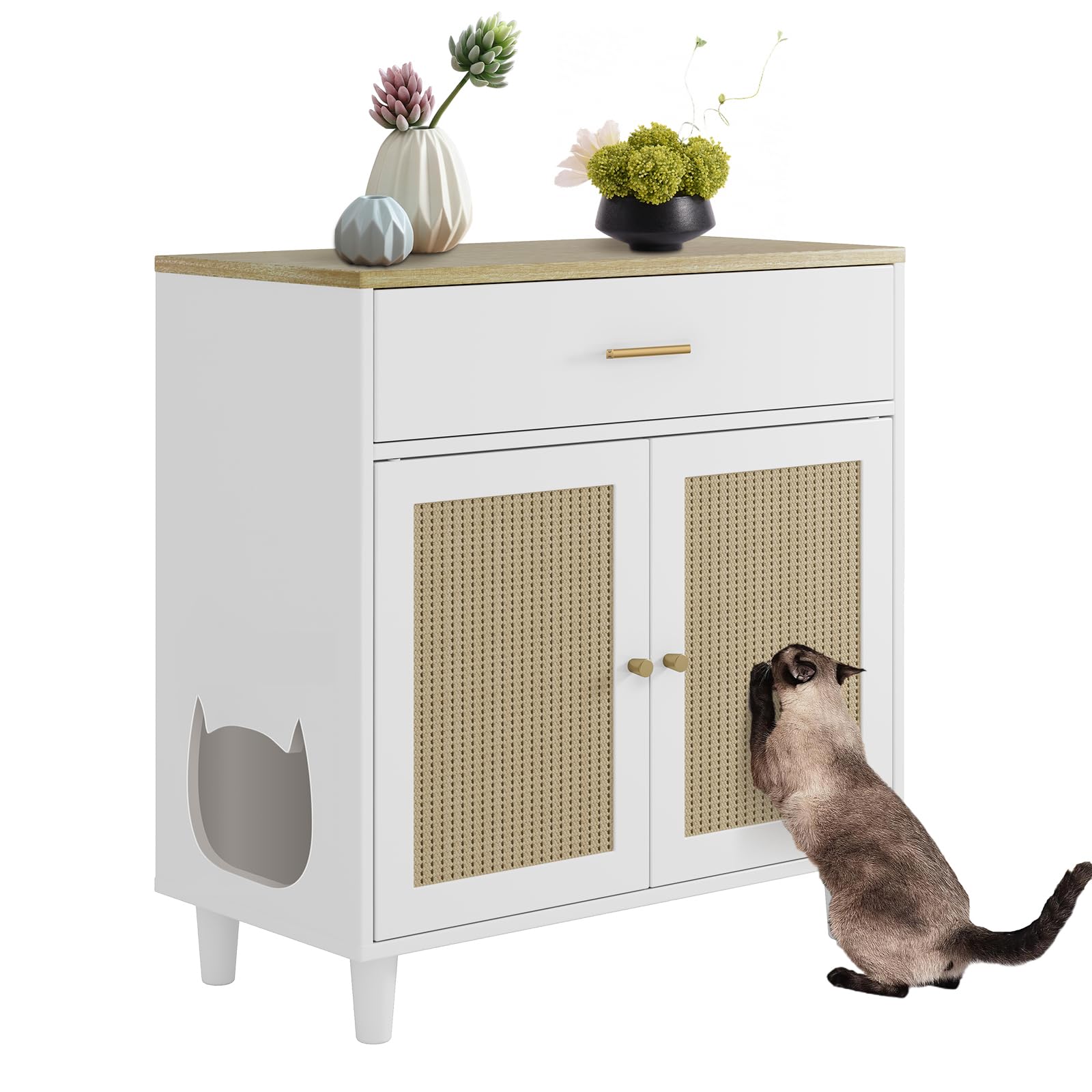 GarveeLife Hidden Cat Litter Box Furniture with Storage Drawer, Wood Cats Litter Enclosure Cabinet with 2 Sisal Doors, Hidden Enclosed Kitty Litter Box Cabinet Dog Proof for Living Room White
