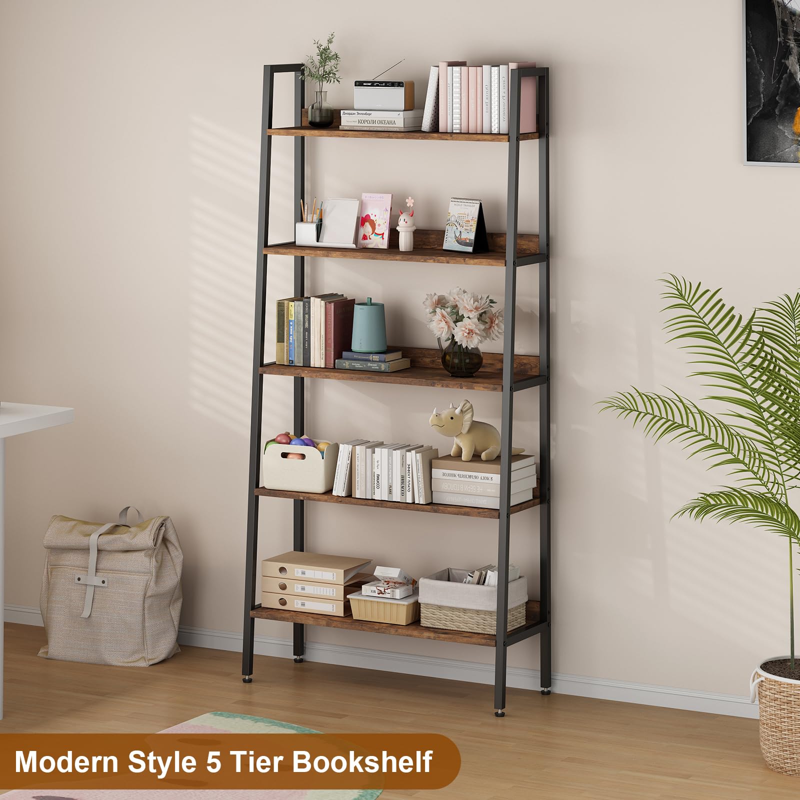 GarveeHome 5 Tier Bookshelf, Narrow Home Office Book Shelf Display Rack, Rustic Brown Storage Organizer with Open Shelves, 67" Tall Wood Bookcase with Metal Frame for Bedroom Kitchen Living Room