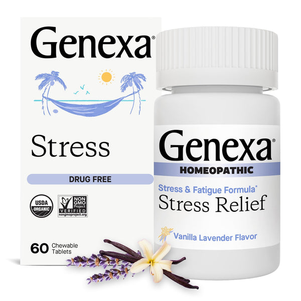 Genexa Stress for Adults | Anxiety & Irritability Relief | Fatigue Remedy | Natural Vanilla & Lavender Flavor | Gluten Free & Non-GMO | Homeopathic Remedy Made Clean | 60 Chewable Tablets
