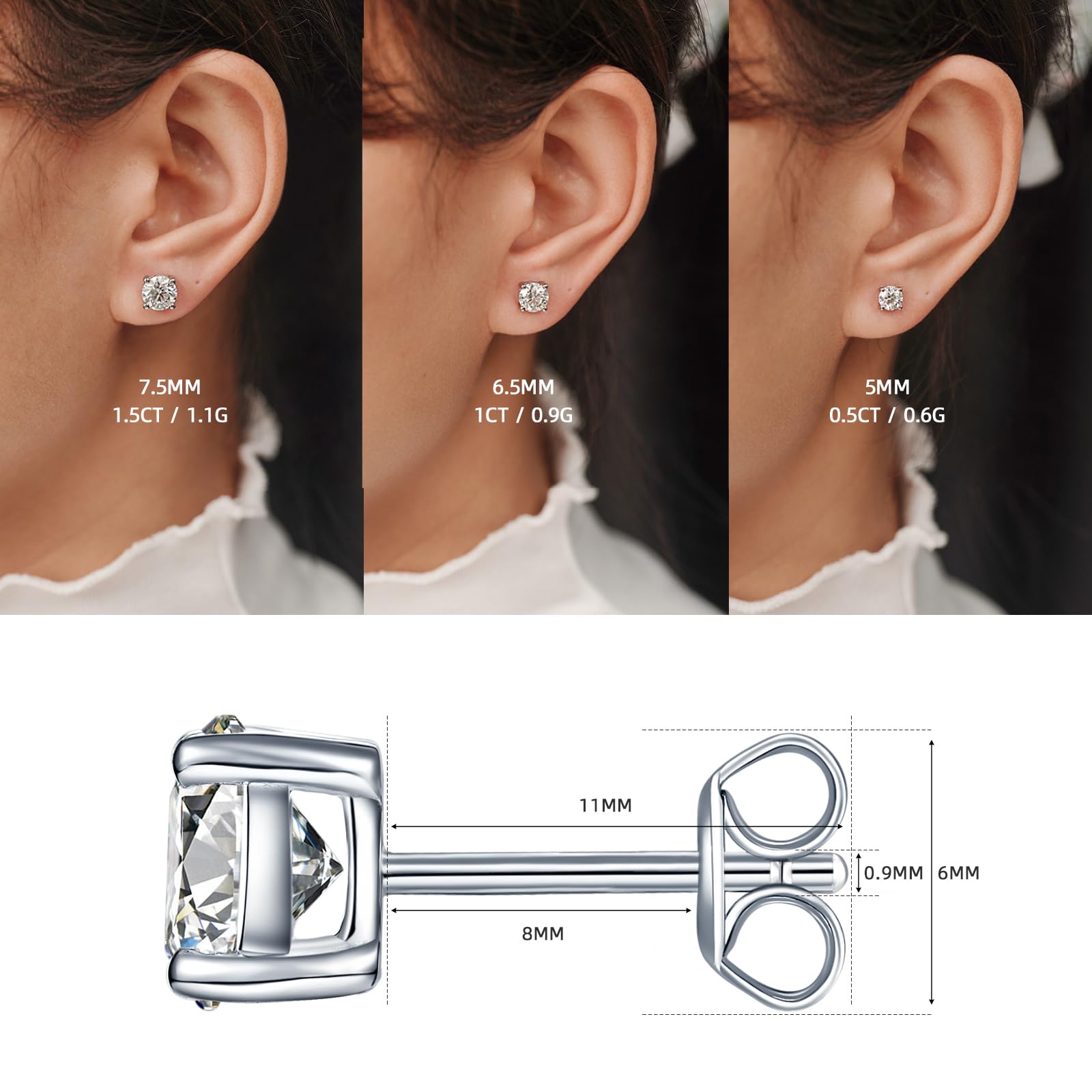 YODEWA Moissanite Stud Earrings for Women 925 Sterling Silver Hypoallergenic Flat Back 1 Pair DEF Color Lab Created Brilliant Round Moissanite Earrings (Silver 3CT)