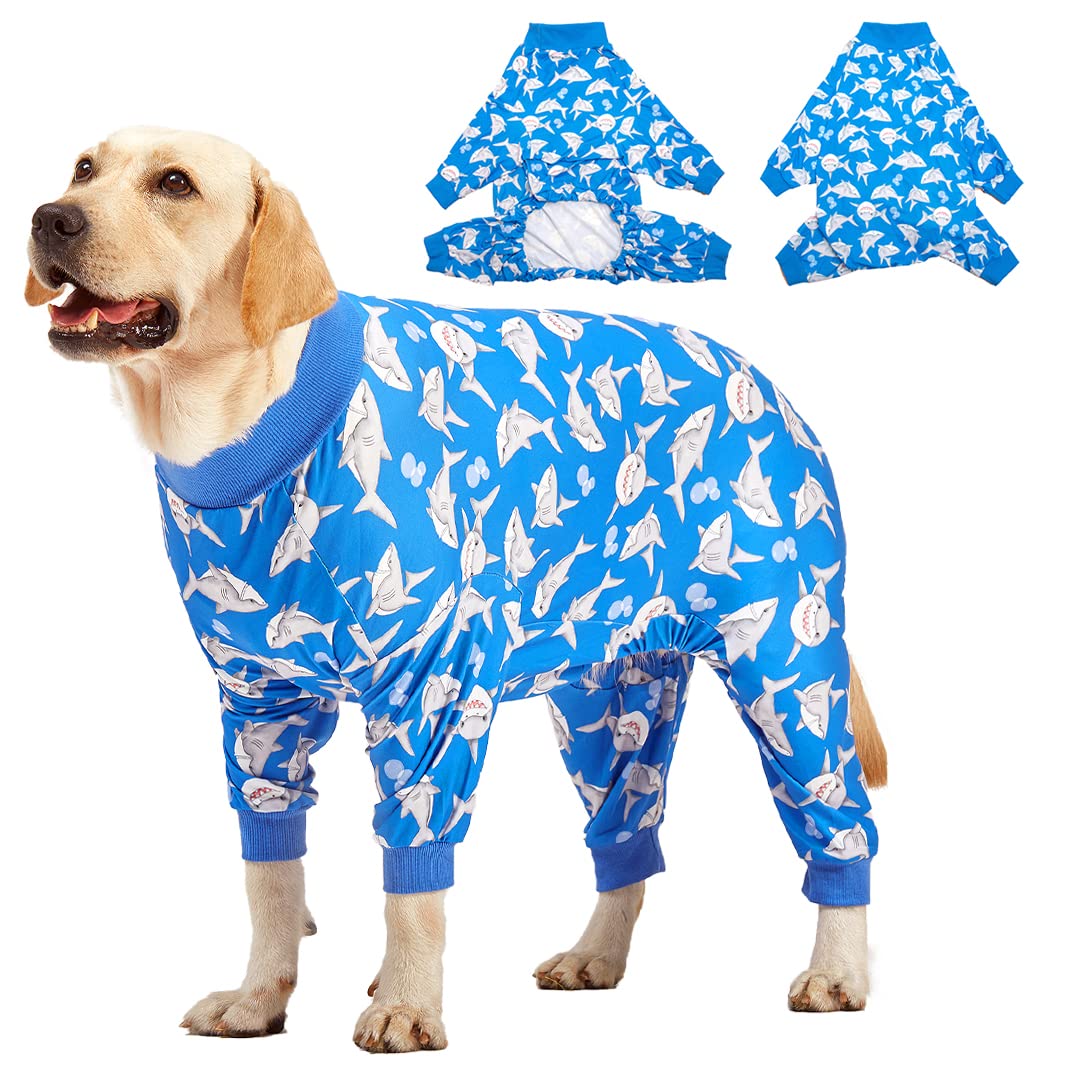 LovinPet Large Dog Pjs, UV Protection, Pet Anxiety Relief Onesies, Lightweight Stretchy, Blue Shark Print, Undershirt for Dog Sweaters and Coats, Large Breed Husky Pajamas, Pet PJ's/XXL