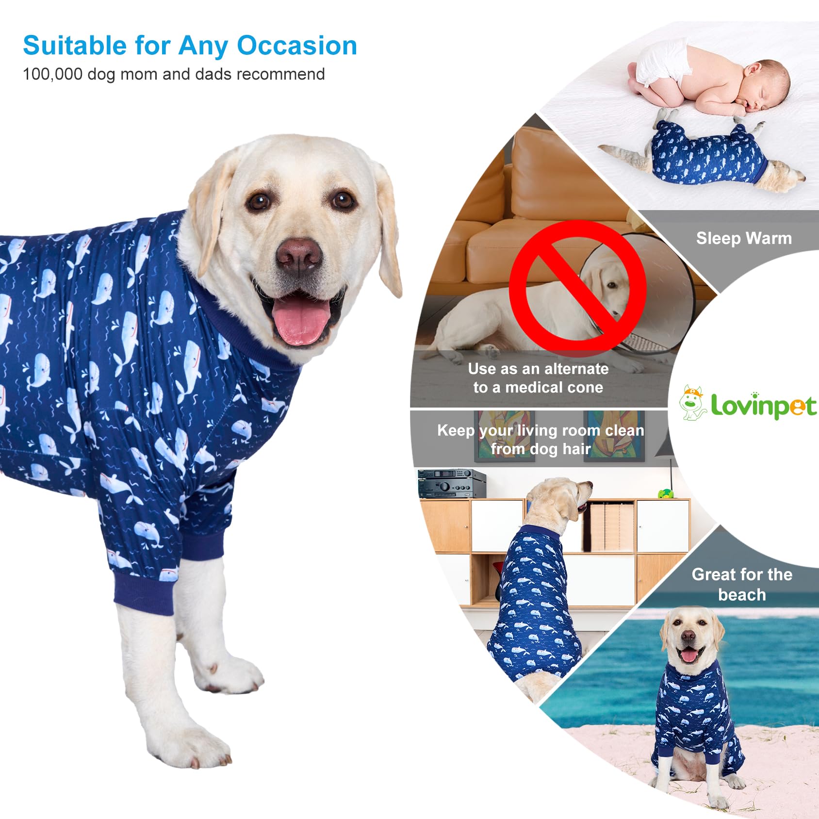 LovinPet Large Dog Outfit, Dog Onesie for Surgery, Large Breed Dog Pajamas, Lightweight Navy Whale Print, Pet Pajamas for Dogs, UV Protection Shirt for Dogs, Pitbull Clothes,Blue, L