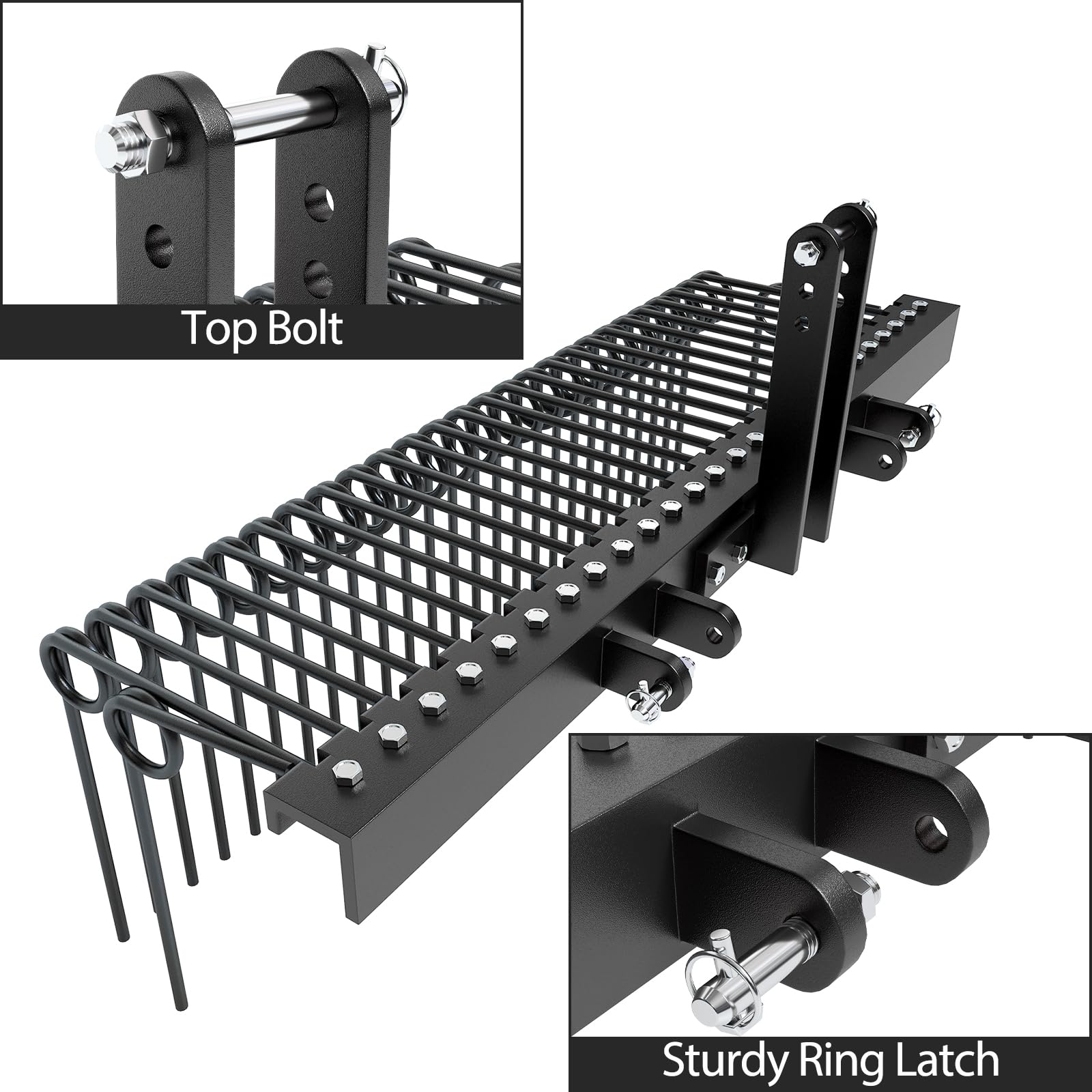 48 Inch Pine Straw Needle Rake, 3 Point Landscape Rake, Powder Coated Steel Spring Tow Behind Rakes, Tractor Attachments for Leaves Straw Grass Attach to Cat 0 Cat 1, Black