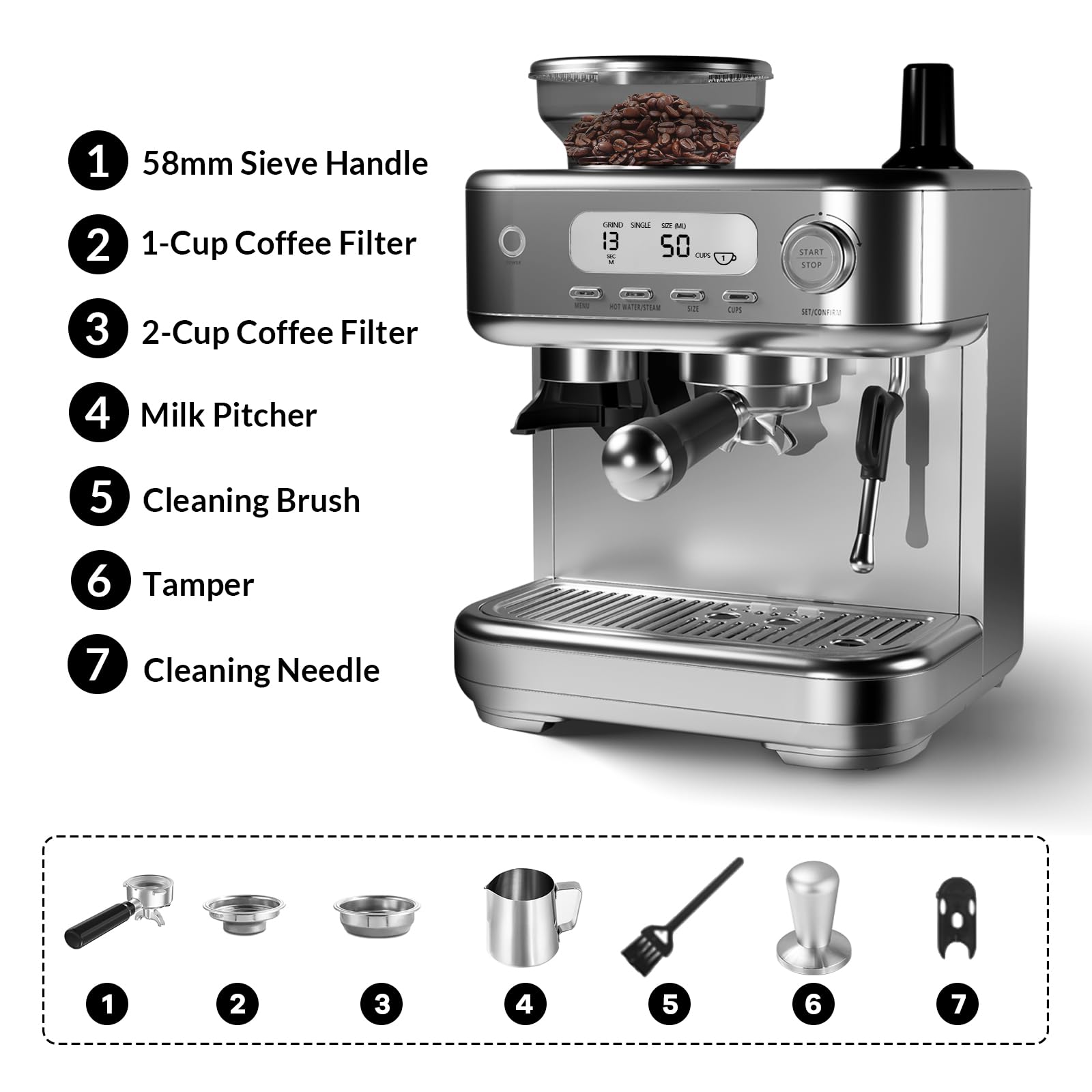 ACONEE Espresso Coffee Maker, 15 Bar Professional Espresso Coffee Maker with Built in Grinder, LED Display, Self-Clean, Barista Coffee Machine Kit, Latte Machines for Home Barista, Office, Grey