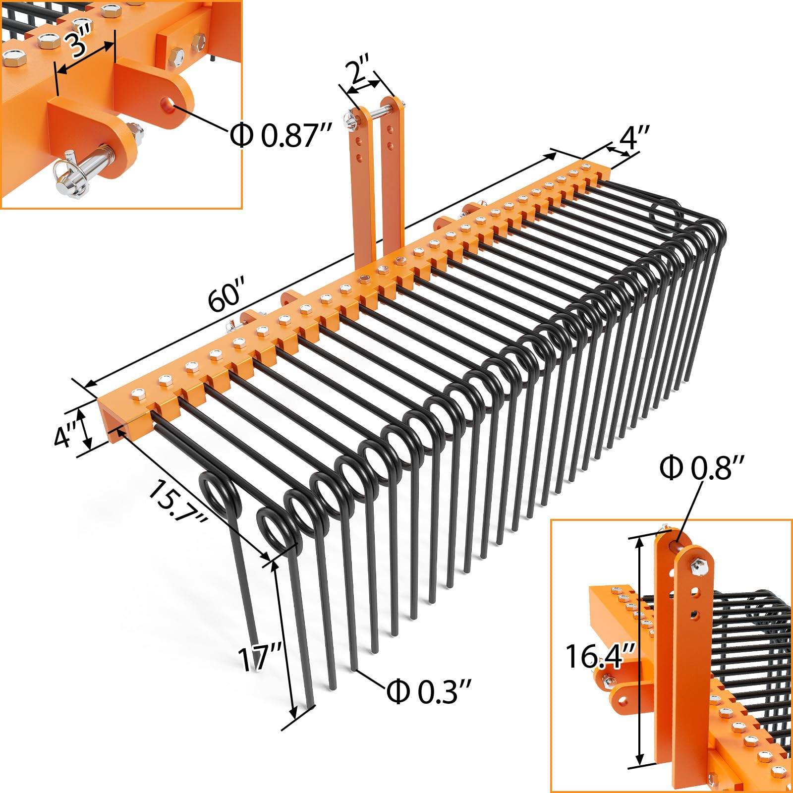 GarveeLife 60 Inch Pine Straw Needle Rake, 3 Point Landscape Rake, Powder Coated Steel Spring Tow Behind Rake, Tractor Rake Attachments for Leaves Straw Grass Attach to Cat 0 Cat 1, Orange
