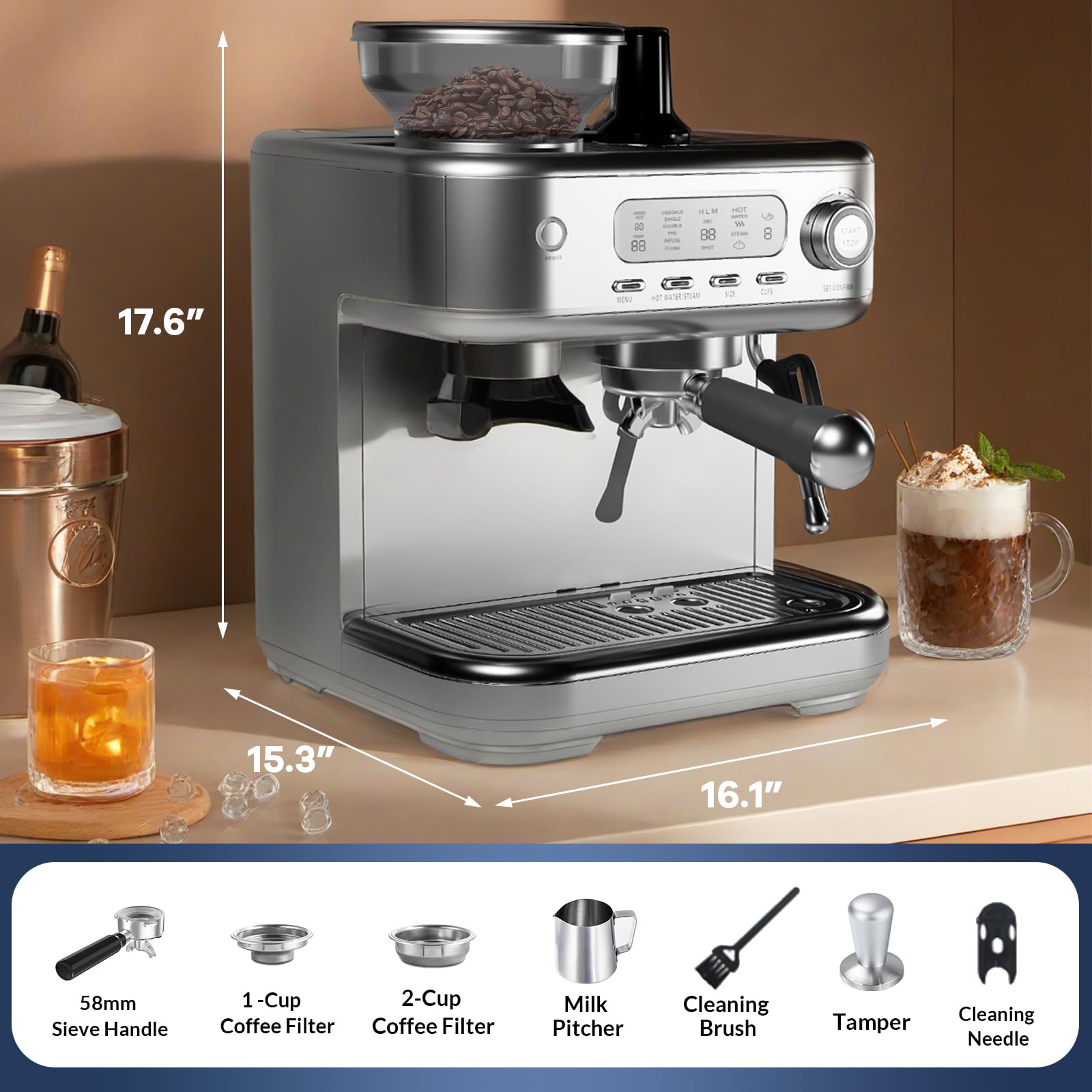 GarveeHome Semi-Automatic Espresso Machine, Coffee Machine with Grinder and Steam Milk Frother, LCD Smart Screen Espresso Maker with 78 Oz Removable Water Tank for Cappuccinos and Lattes