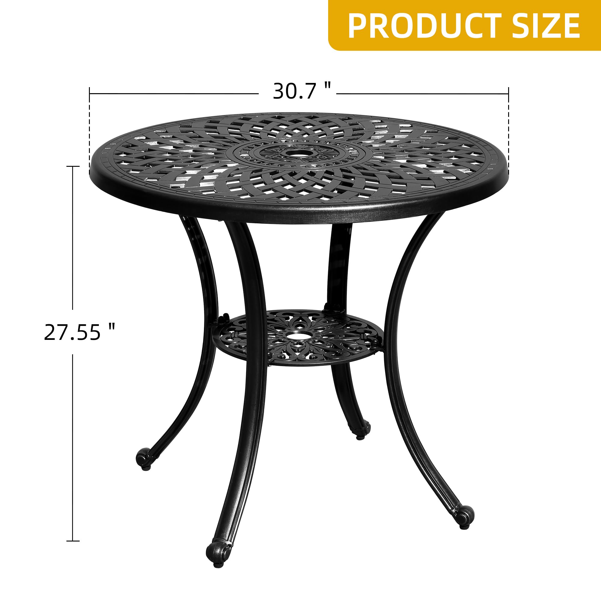DWVO 30 Inches Round Patio Dining Table with Umbrella Hole, Antique Cast Aluminum Outdoor Bistro Table Outdoor Side Table for Backyard, Garden, Patio, Porch, Black
