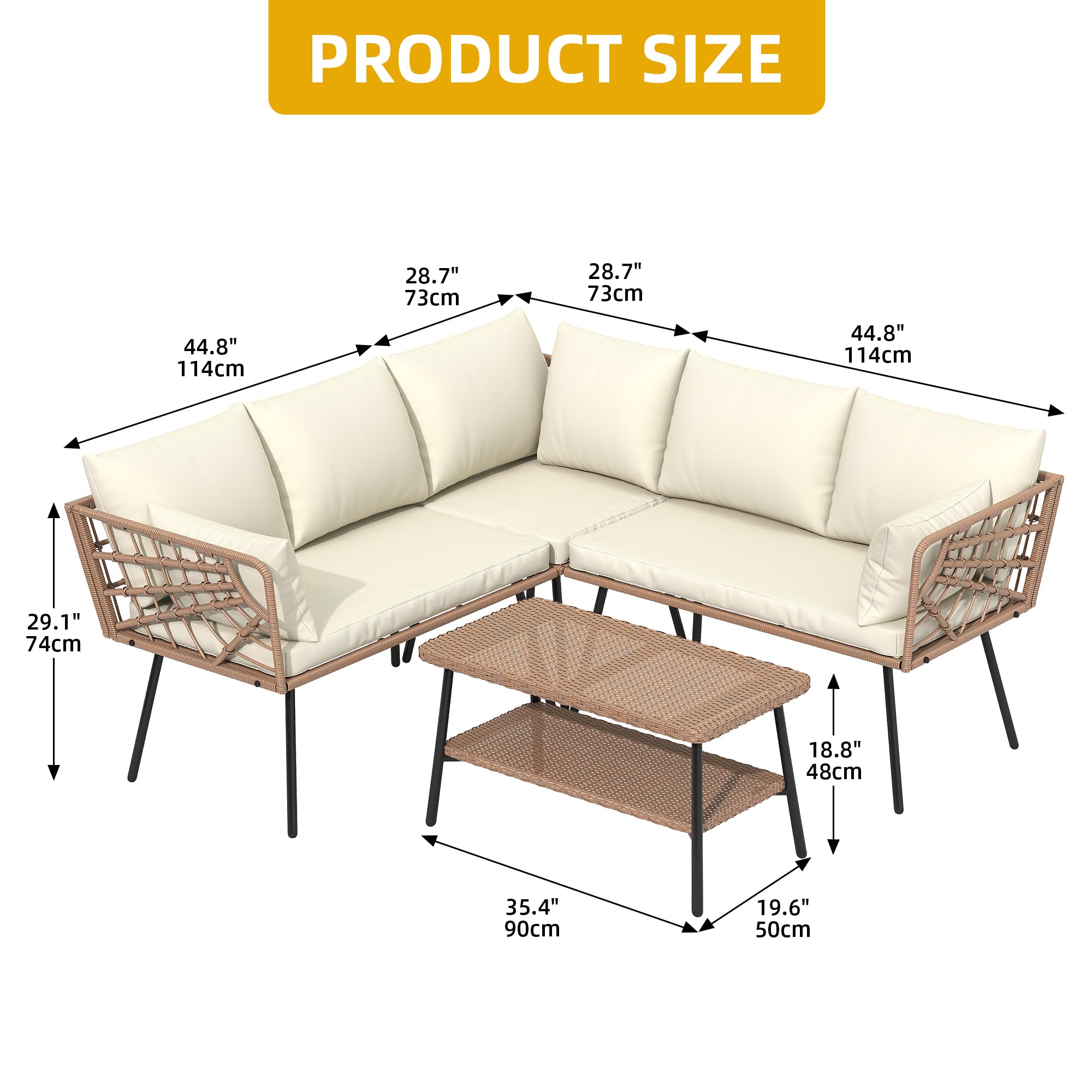 DWVO 4 Pieces Patio Furniture Set Outdoor Wicker Conversation Sectional L-Shaped Sofa with 2-Tier Coffee Table and Thick Cushions Outdoor sectional with 5 Seater for Backyard Porch (Beige)