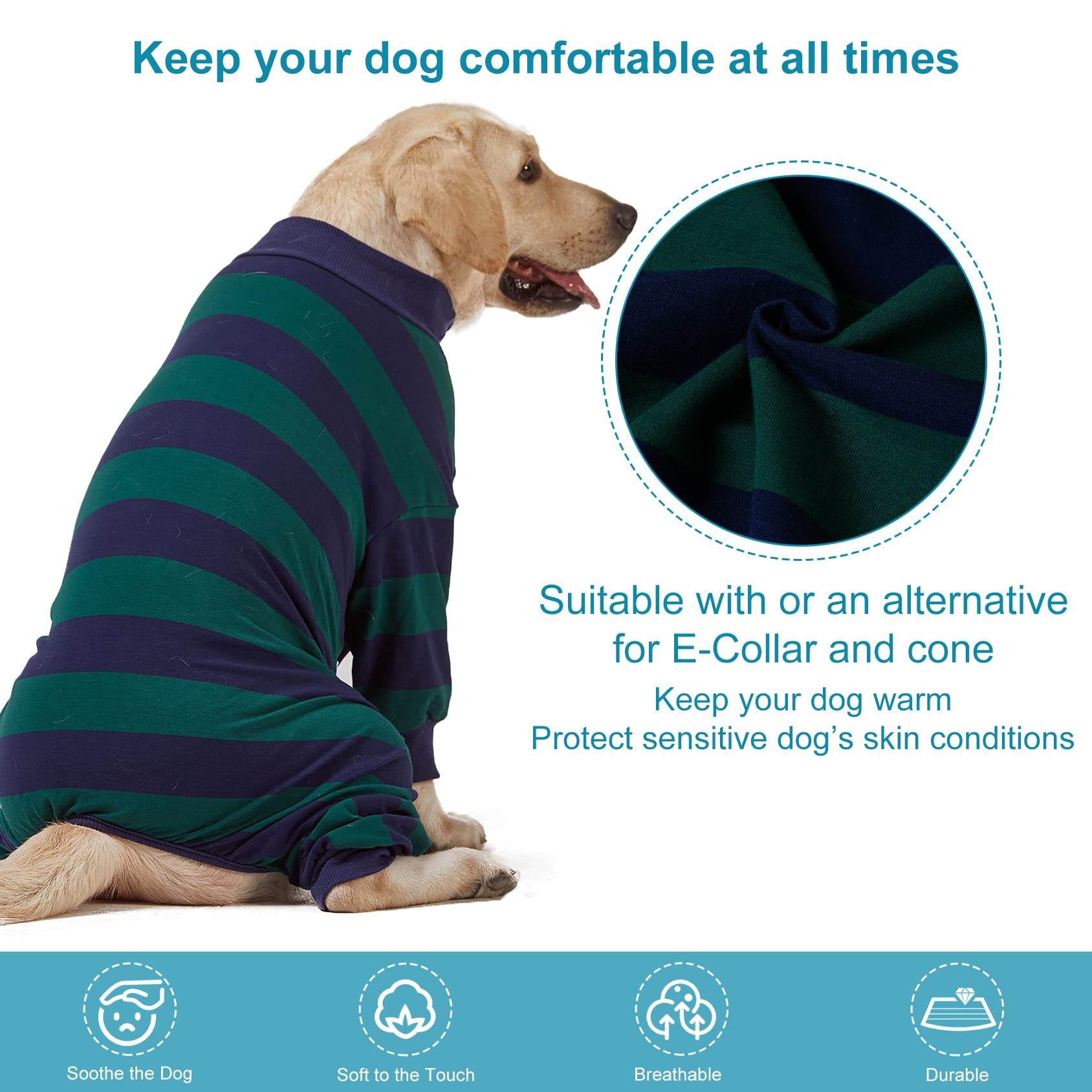 LovinPet Large Dog Pajamas Bodysuit, Lightweight Stretchy Knit Pullover Dog Onesie, Pet Pajamas for Dogs, Green and Black Stripe Print Dog Shirt, UV Protection, Stop Shedding for Dogs, Pet PJ's, L