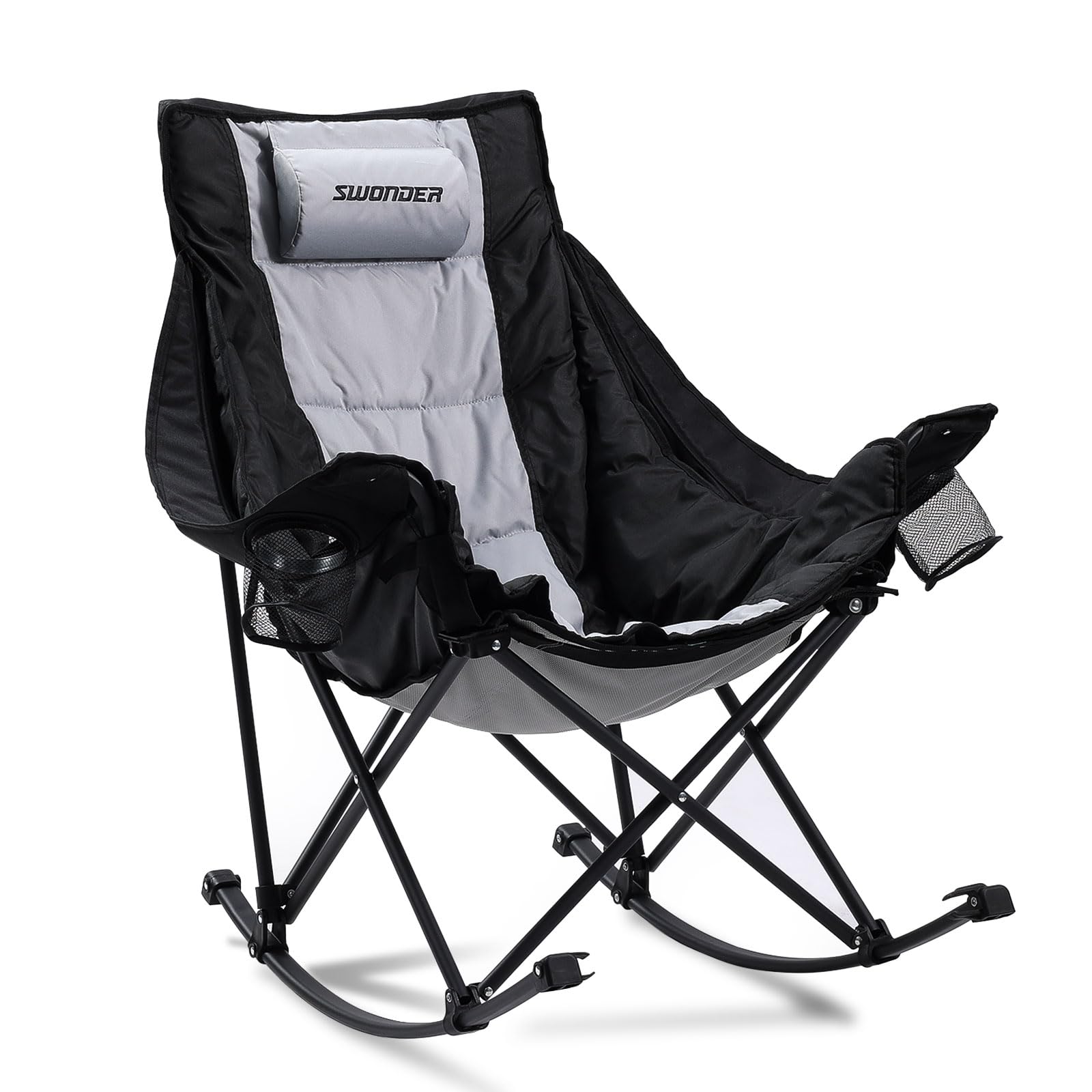 Swonder Oversized Rocking Camping Chair with Innovative 2-in-1 Removable Seat Cushion for All Seasons, Fully Padded Folding Outdoor Chair with Headrest and Carry Bag