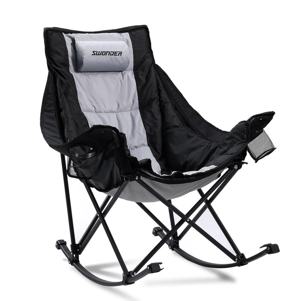 Swonder Oversized Rocking Camping Chair with Innovative 2-in-1 Removable Seat Cushion for All Seasons, Fully Padded Folding Outdoor Chair with Headrest and Carry Bag