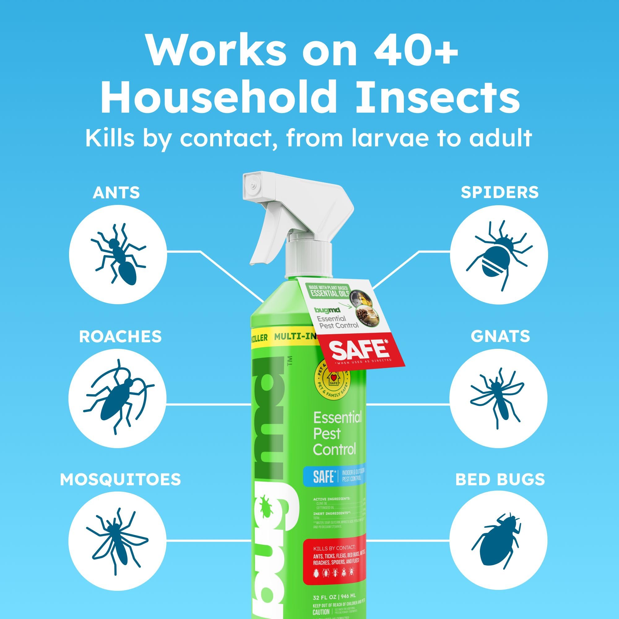 BugMD 32 oz Ant Killer & Bug Spray - Roach and Cockroach Killer Indoor, Spider and Flea Spray for Home, Fly and Insect Defense, Natural, Safe with Essential Oils, Plant-Powered, Pest Control Pack of 2