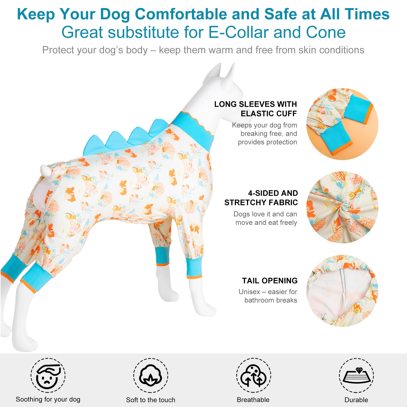 LovinPet Big Dog Jammies, Large Dog Pajamas, Anti Licking Shirt Lightweight Coral Peach Print, UV Protection Shirt, Easy to Wear Adorable Dog Onesie,Blue, Large
