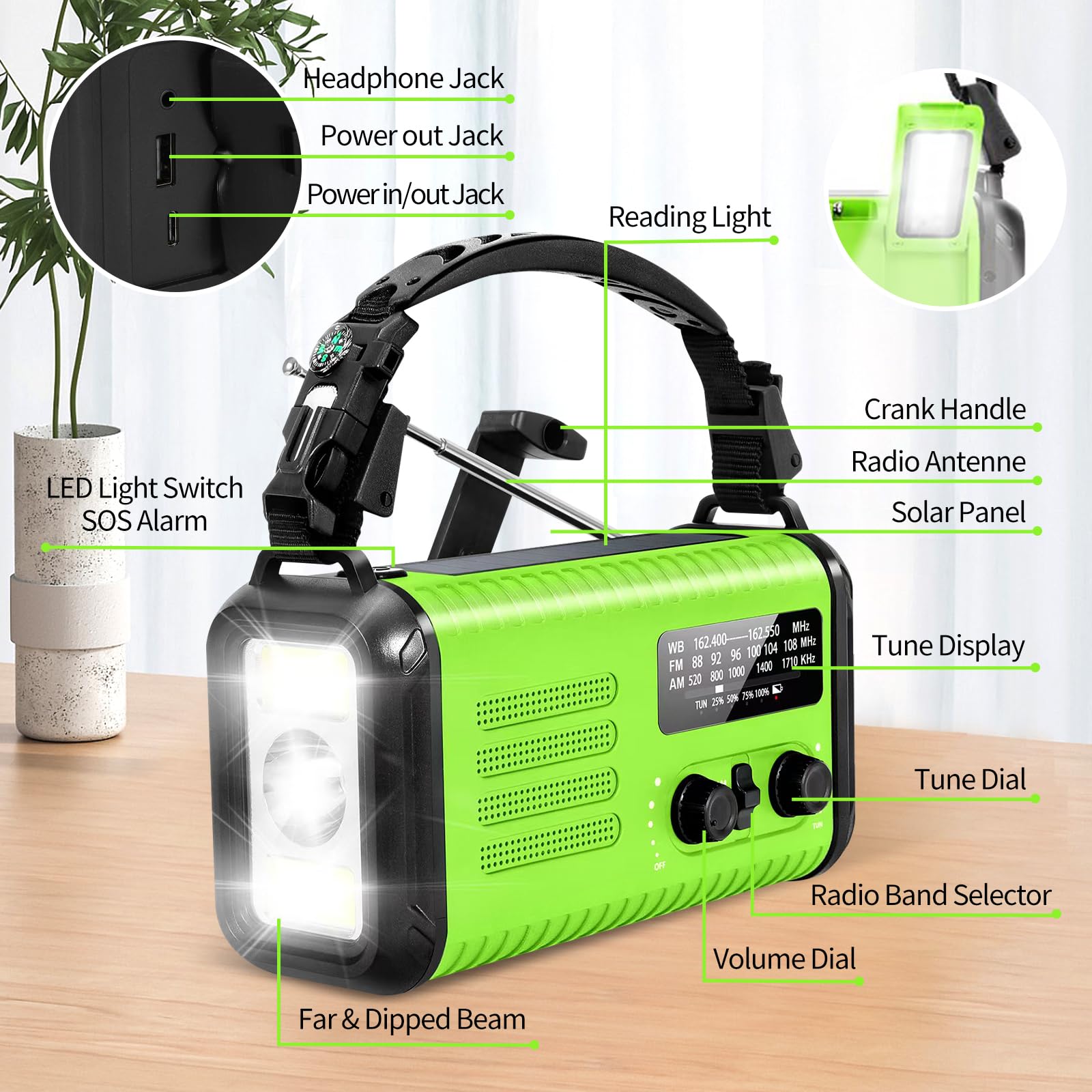 20000mAh / 74000mWh Emergency Crank Radio, NOAA/AM/FM Portable Weather Radio, Solar Hand Crank Radio, Battery Powered with USB Phone Charger, Flashlight Reading Lamp & SOS for Survival Camping
