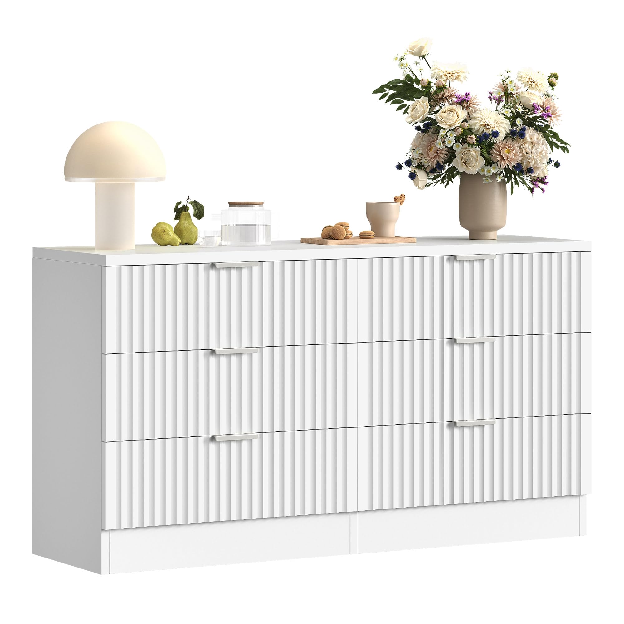 DWVO 6 Drawer Dressers, High Gloss White Dressers Drawers with Fluted Panel, Wide Versatile TV Stand Cabinet Table for Kitchen and Office, White