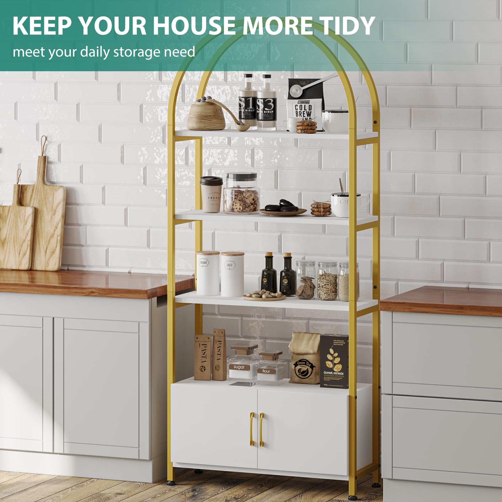 GarveeHome Gold Bookshelf, Arched Book Shelf with Studry Metal Frame and Quality Board, Modern Bookcase with 4-Tier Open Shelves for Living Room, Bookshelf with Doors Storage,71.5" Tall Book Shelf
