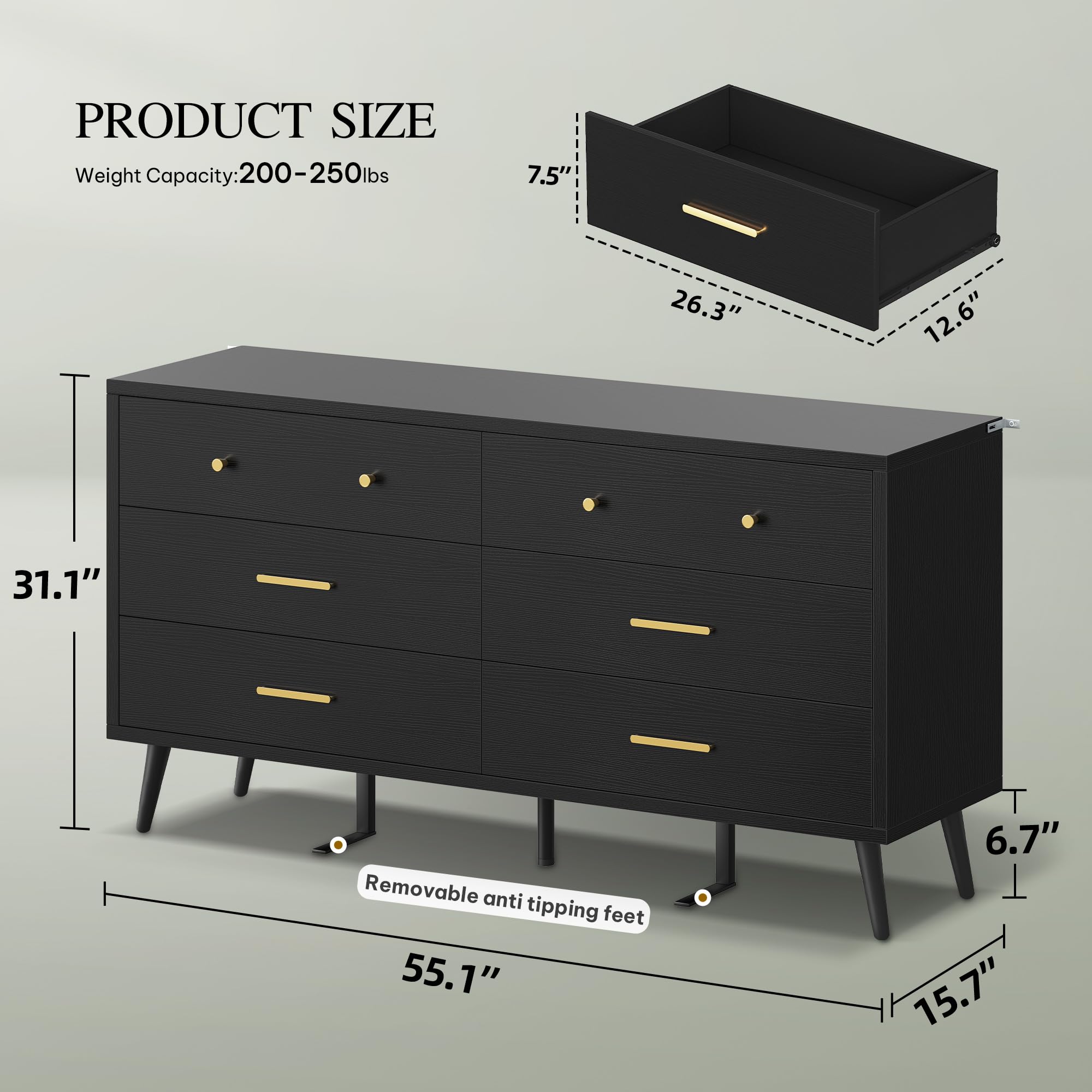 DWVO Black 6-Drawer Dresser with Black Metal Handles, Anti-Tip Design, and Double Storage Cabinet for Entryway - 15.7" D x 55.1" W x 31.1" H