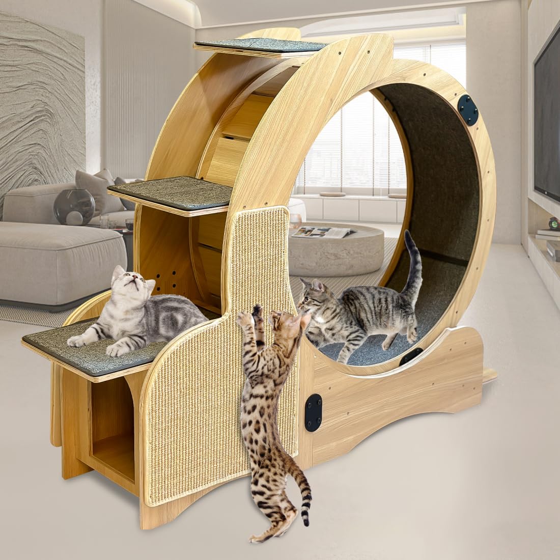 Cat Sports Running Wheel, Cats Wheel Wood Climbing Frame, Cat Litter Fitness Wheel for Indoor Cats,Climbing Ladders,Cat Scratching Board,Cat Bowls,46.4 ×38.5×42.1 Inchs (Upgraded 5-In-1model)