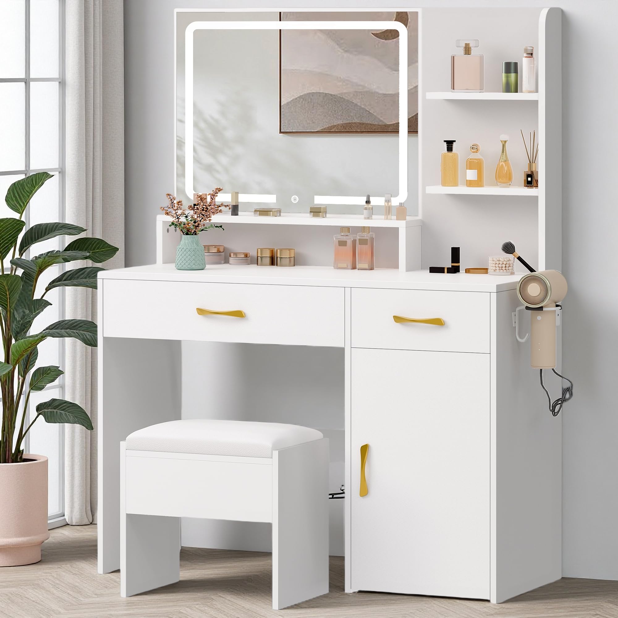 DWVO Vanity Desk, Makeup Vanity Table with LED Mirror, Power Outlets, Storage Drawers & Cabinet, Shelves, and Cushioned Stool, White Dressing Room Vanity Set