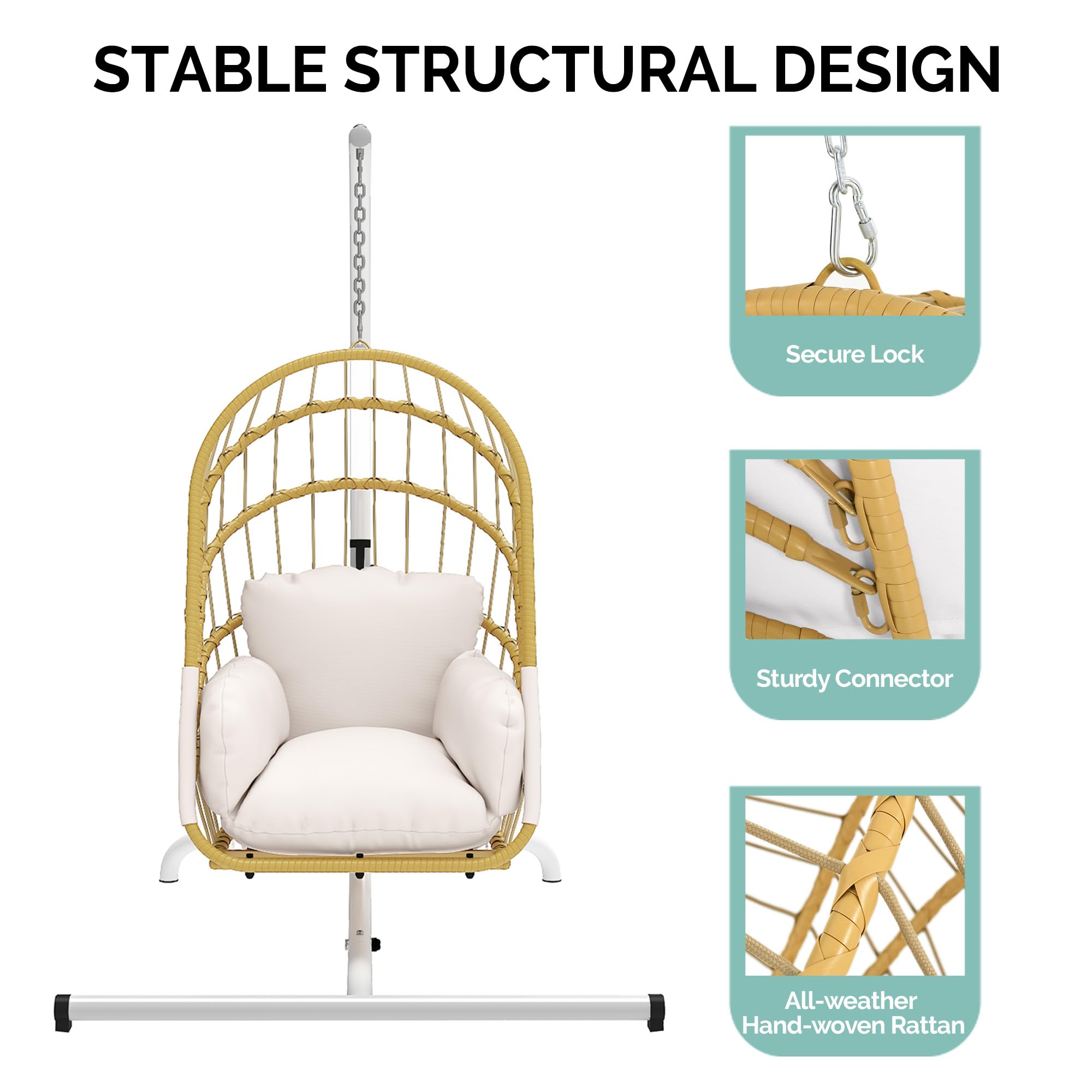 YITAHOME Hanging Egg Chair with Stand, Rattan Wicker Swing Egg Chair with Cushion, 370lbs Capacity, Foldable Hanging Basket Chair for Porch, Garden, Bedroom, Balcony - Beige