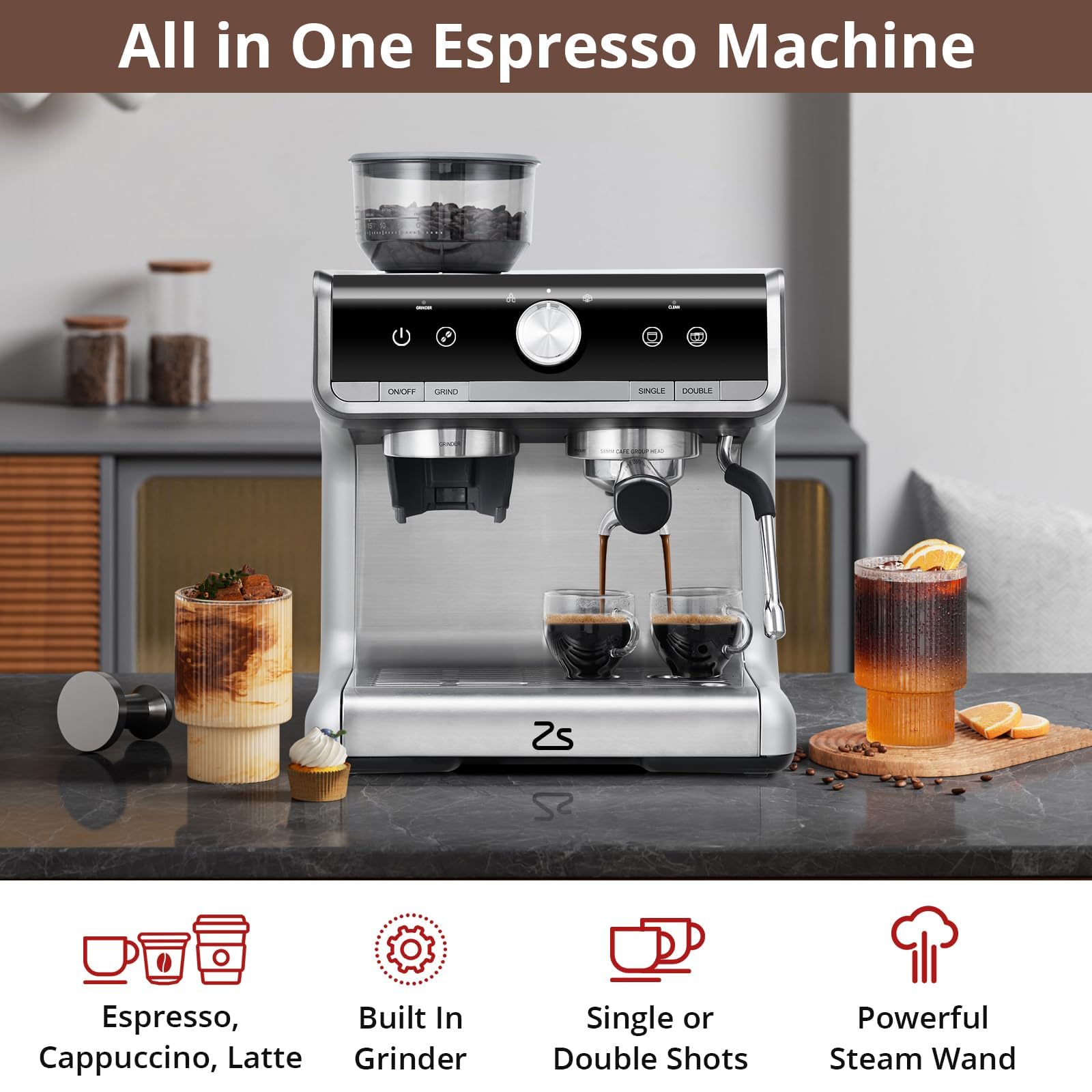 Garvee Espresso Machine With Grinder,Barista Express Espresso Machine, 20 Bar Expresso Coffee Machines with Milk Frother Steam Wand,Cappuccino & Latte Machine for Home,Silver