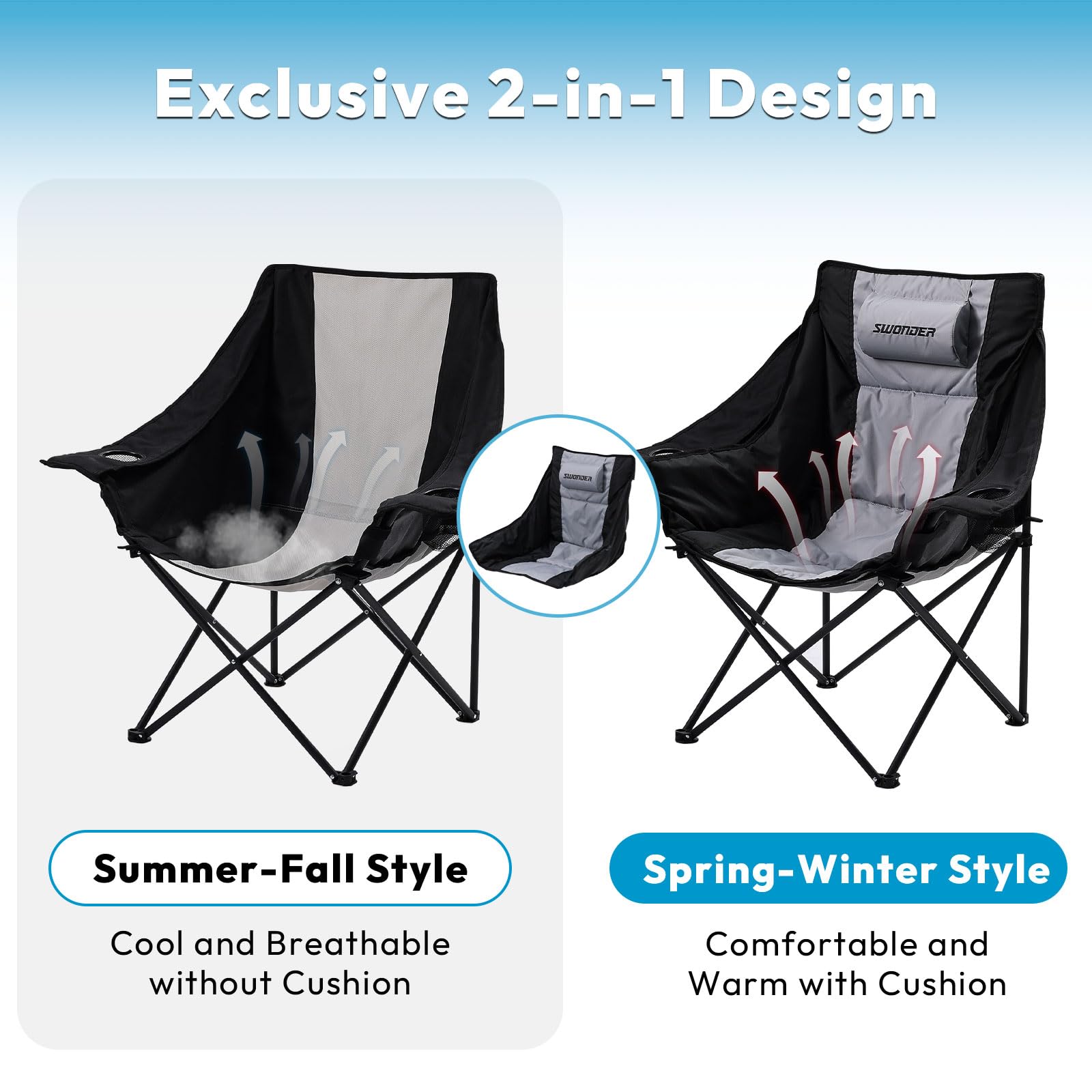 Swonder Oversized Moon Camping Chair with Innovative 2-in-1 Removable Seat Cushion for All Seasons, Heavy-Duty Fully Padded Folding Outdoor Chair with Headrest and Carry Bag