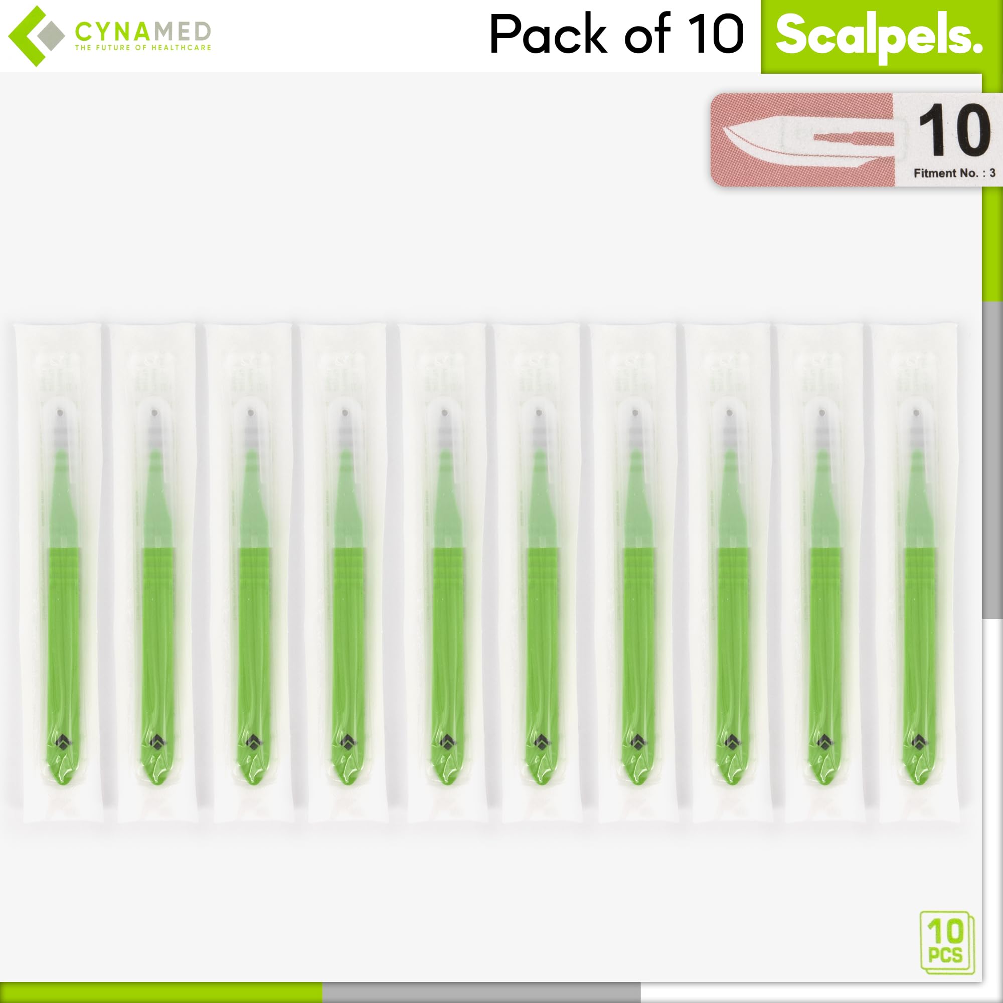 Cynamed Disposable Scalpel Blades| Sharp, Tempered Stainless-Steel Blades | Pack of 10 Sterile Scalpel Knives| Plastic Handle| Individual Pouches| for Dermaplaining, Podiatry, Crafts & More (No.10)