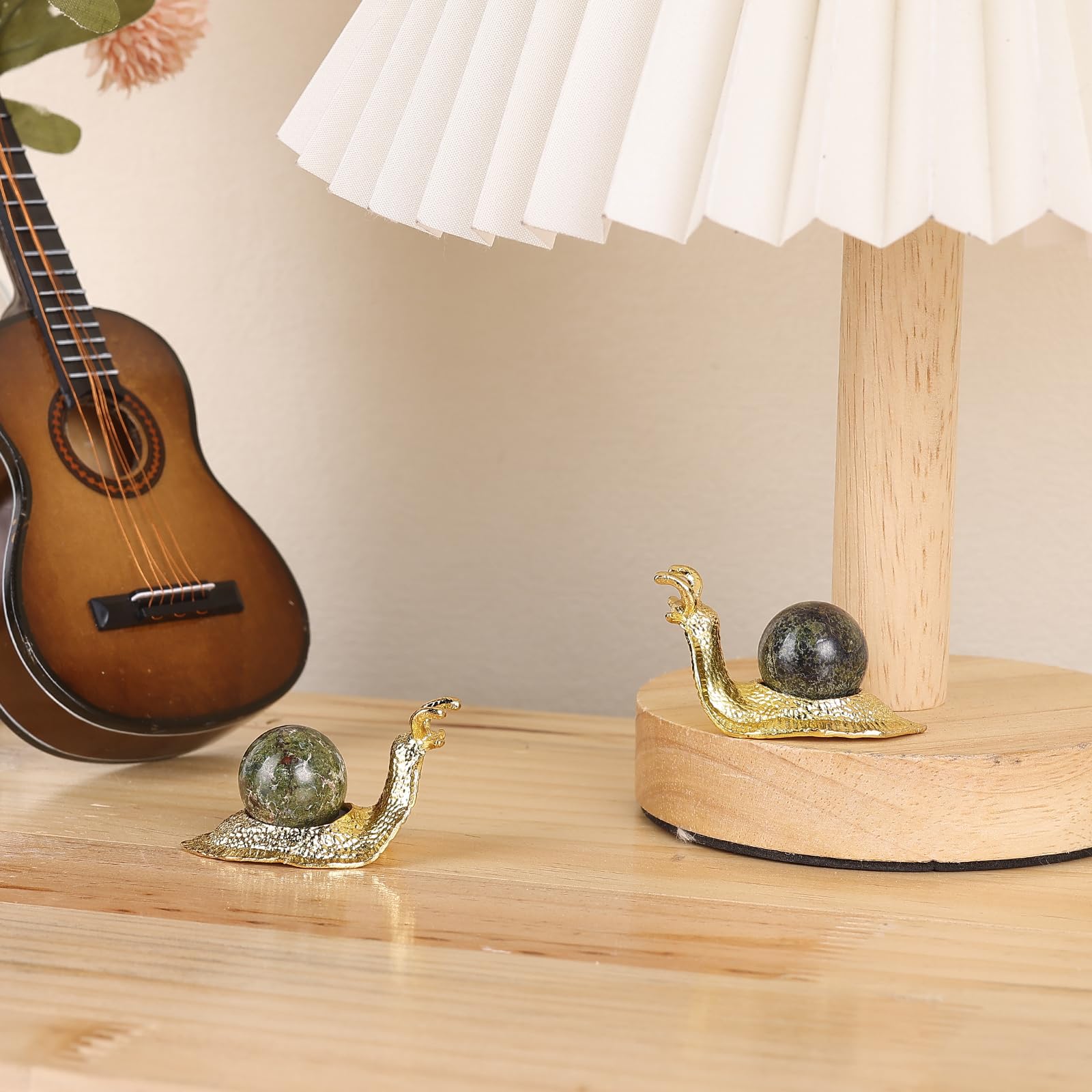 SHENGTIAN 2-Piece Set, 2-Inch Handcrafted Gold Snail Statues with 0.78-Inch Natural Dragon Blood Crystal Balls, Symbolizing Safety and Journey, Ideal for Desk and Home Decor (Dragon Blood)