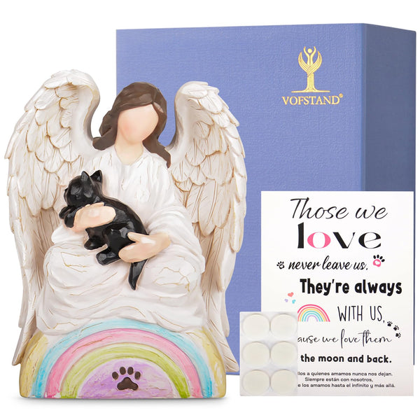 VOFSTAND Cat Memorial Gifts for Cat Loss, Angel of Comfort Embraces a Black Cat Over The Rainbow Bridge Sculpted Hand Painted Figure with Sympathy Card