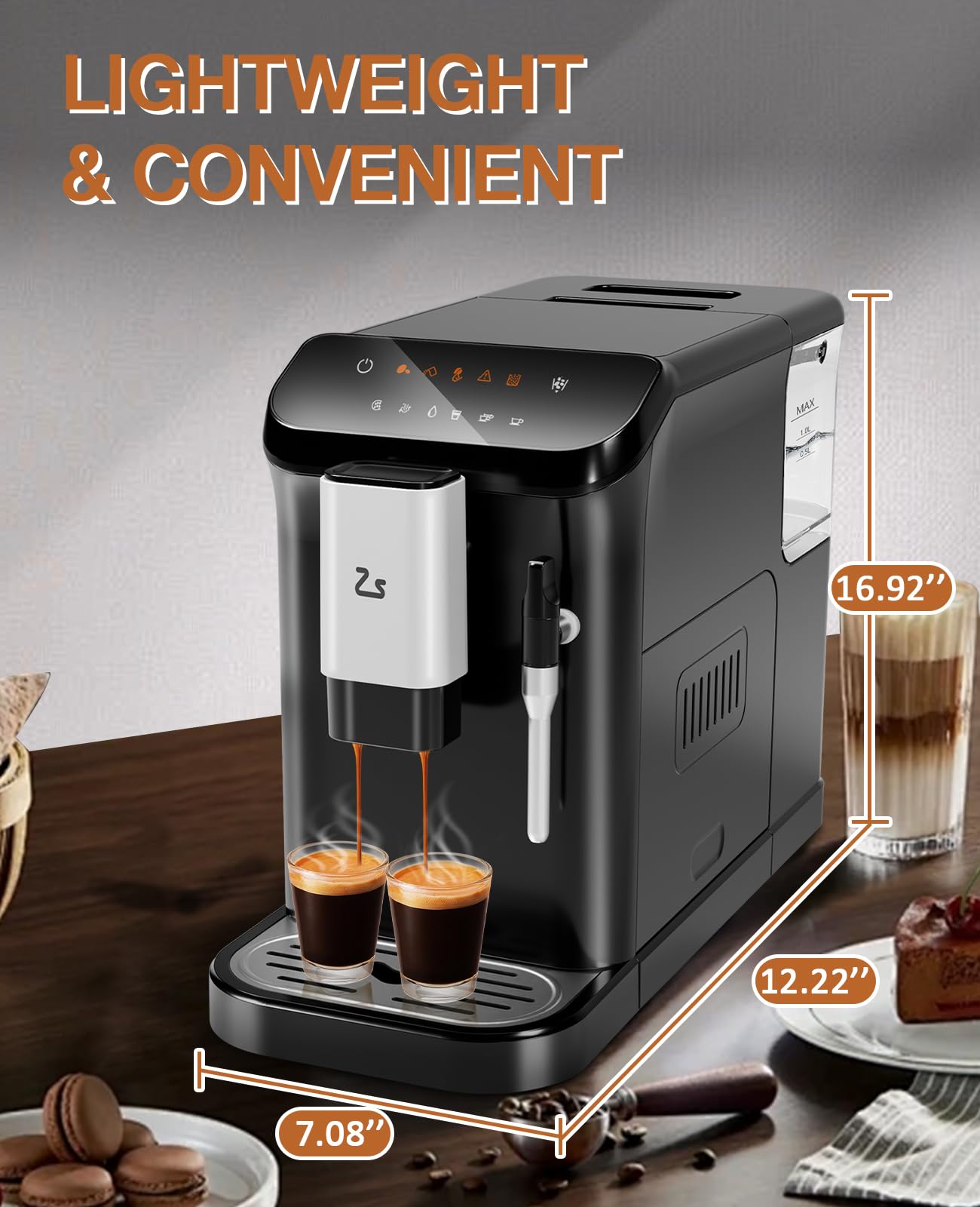 GarveeTech Fully Automatic Espresso Machine, 20 Bar Espresso & Coffee Machine with Milk Frother, Built-In & Adjustable Espresso Bean Grinder, Touch Screen Coffee Machine with 1.5L Water Tank