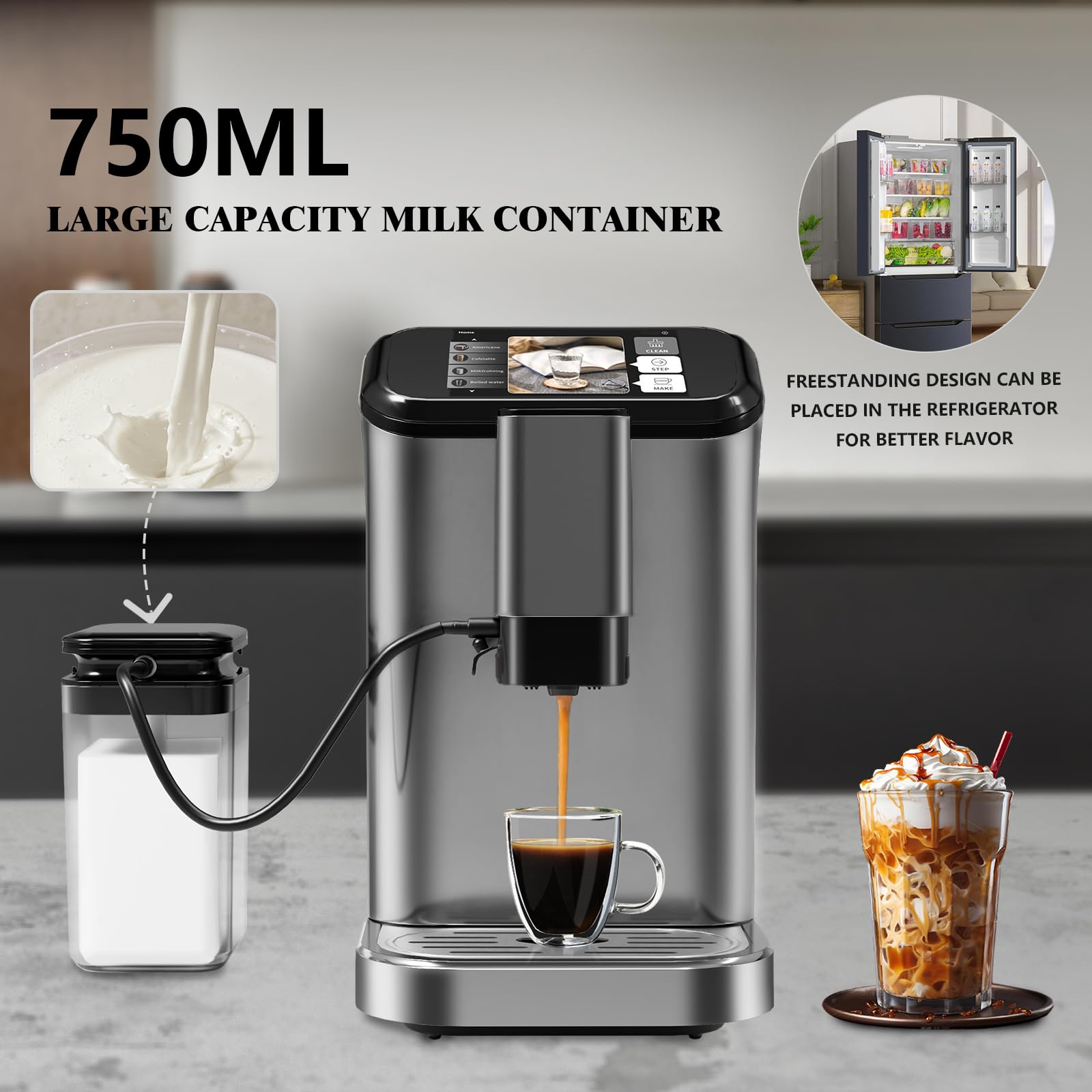 GarveeHome Automatic Espresso Machine & Milk Frother with Stainless Steel Conical Burr Grinder, Integrated 0.75L Milk Container & 1.5L Water Tank, One-Touch Brew Cappuccino & Latte Machine (Grey)