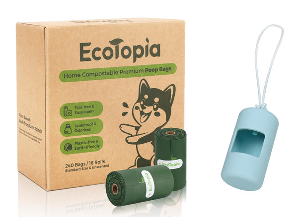 Tear-Free Dog Poop Bags Rolls and Recyclable Poop Bags Dispenser, ASTM D6400 & EN 13432 Compliant Dog Waste Bags,Extra Thick&Leakproof,240Bags,Dark Green