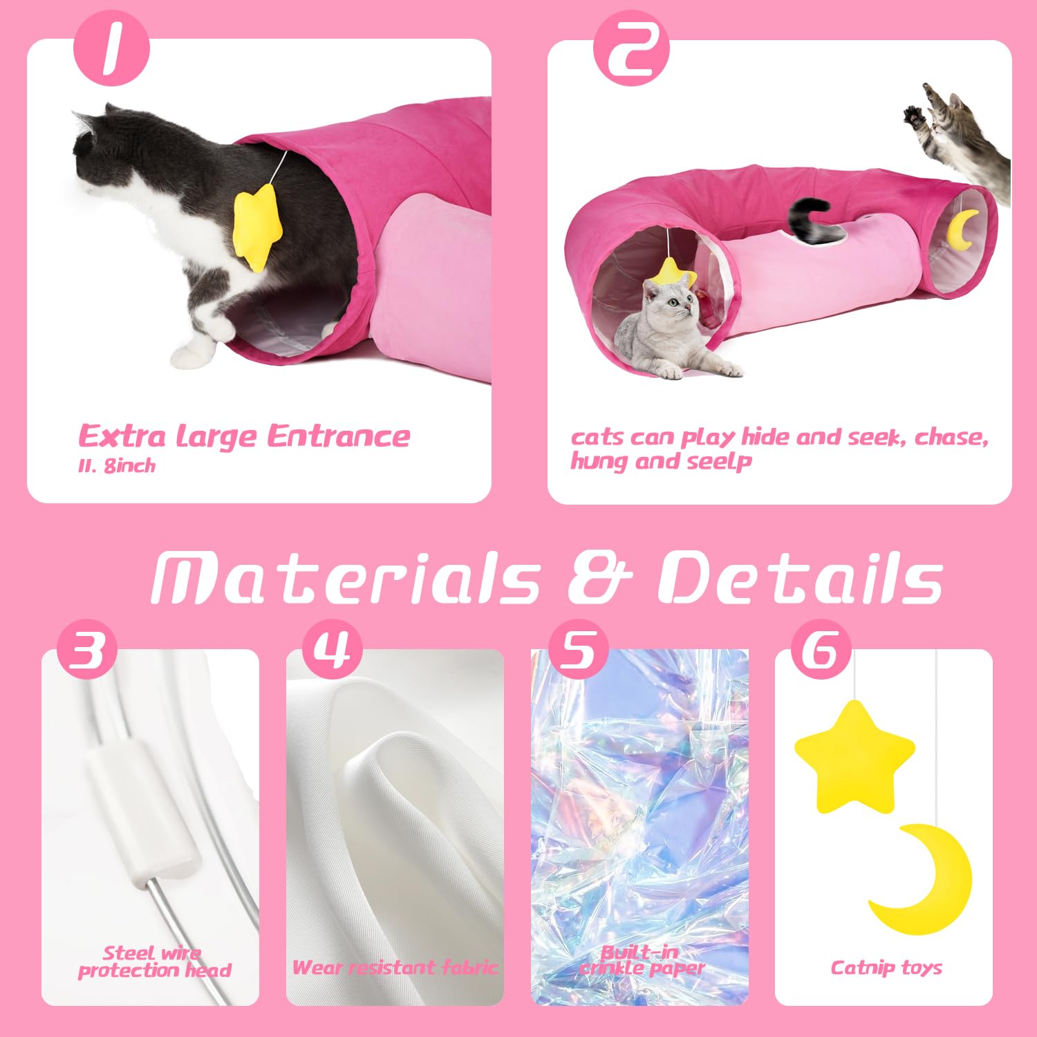 PAOPO Cat Tunnel, Large Indoor Durable Collapsible Interactive Cat Tube with Peek-A-Boo Hole, Hanging Toys, and Crinkly Paper Lining - Cute Tunnel for Cats, Kittens, Puppies & Rabbits, Pink