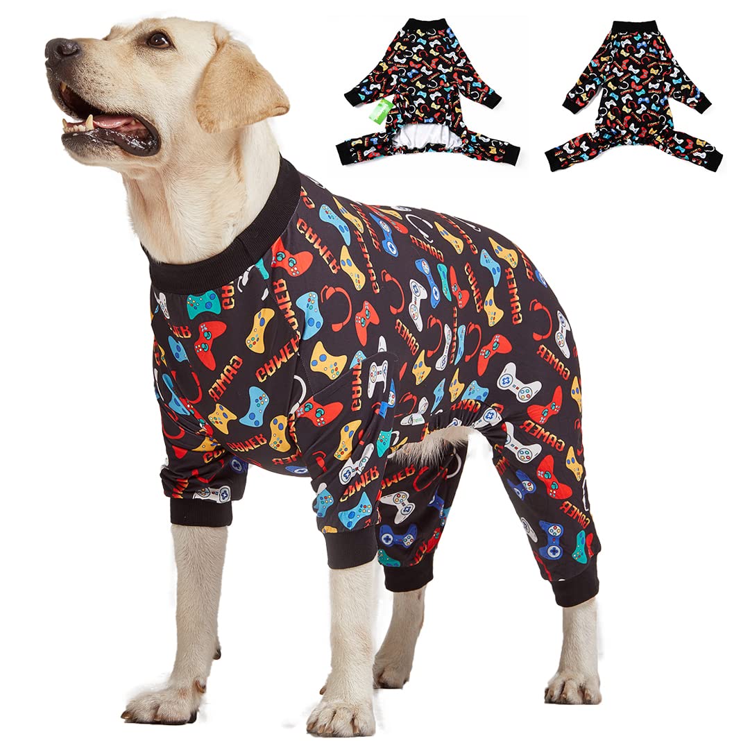 LovinPet Large Dog Pajamas, Game Console Print,UV Protection, Wound Care/Post Surgery Dog Clothes, Pet Anxiety Relief, Lightweight Stretchy Pitbull Pullover Shirt, Onesies for Dogs, Pet PJ's, 3XL