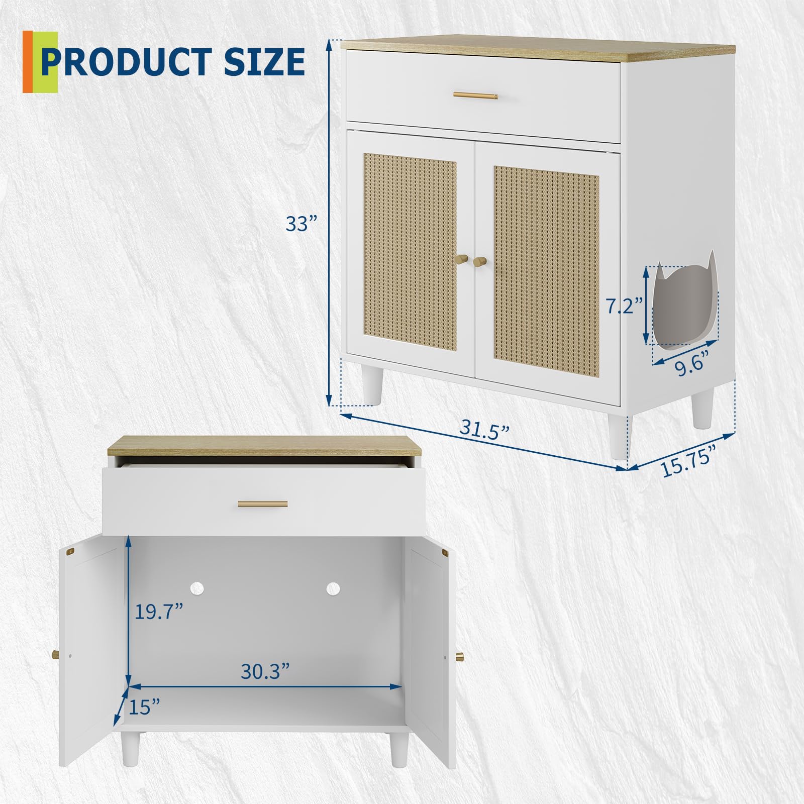 GarveeLife Hidden Cat Litter Box Furniture with Storage Drawer, Wood Cats Litter Enclosure Cabinet with 2 Sisal Doors, Hidden Enclosed Kitty Litter Box Cabinet Dog Proof for Living Room White