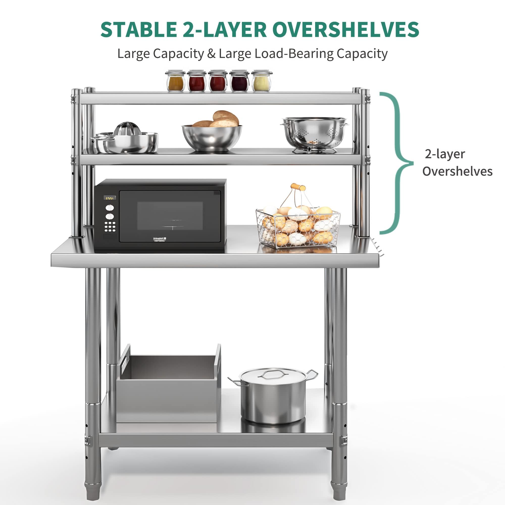 YITAHOME NSF Stainless Steel Table with Overshelves, 30" X 24" Work Table with 30" X 12" Shelf, Metal Table Prep Table for Home Kitchen Restaurant Garage Warehouse