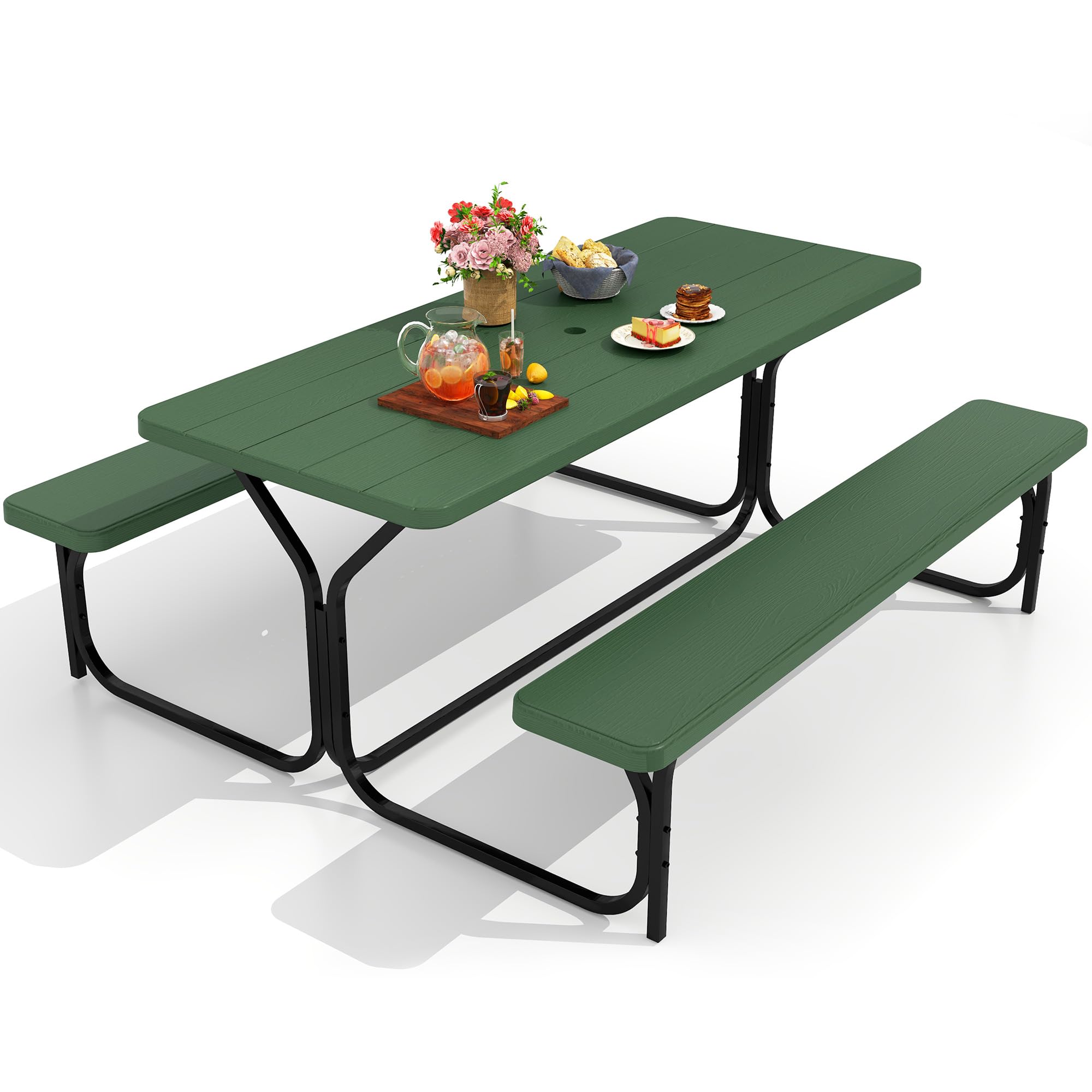 DWVO 6FT Picnic Table, Heavy Duty Outdoor Picnic Table and Bench w/Umbrella Hole, Resin Tabletop & Stable Steel Frame Ideal for Yard Patio Lawn Party, Green