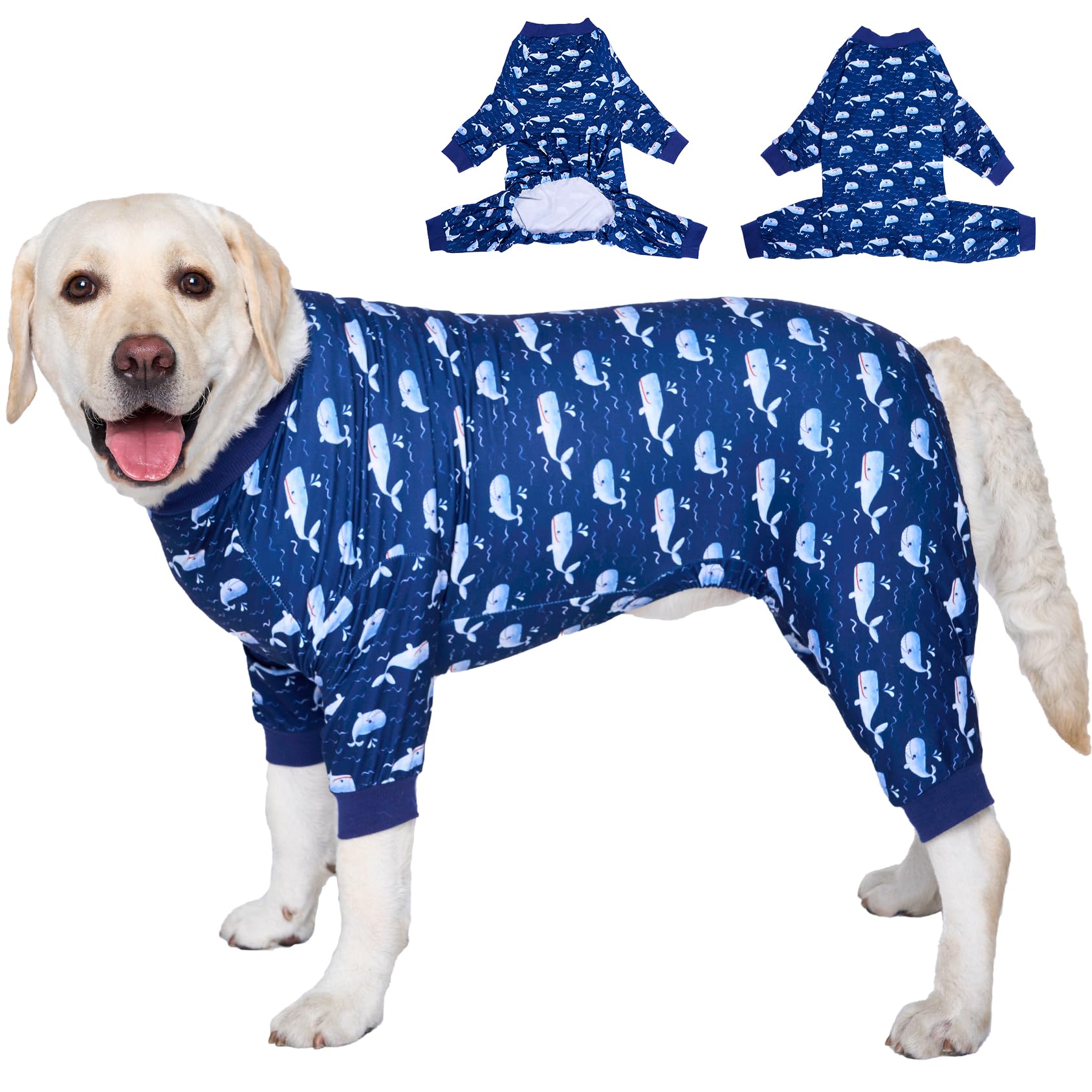 LovinPet Large Dog Outfit, Dog Onesie for Surgery, Large Breed Dog Pajamas, Lightweight Navy Whale Print, Pet Pajamas for Dogs, UV Protection Shirt for Dogs, Pitbull Clothes,Blue, L