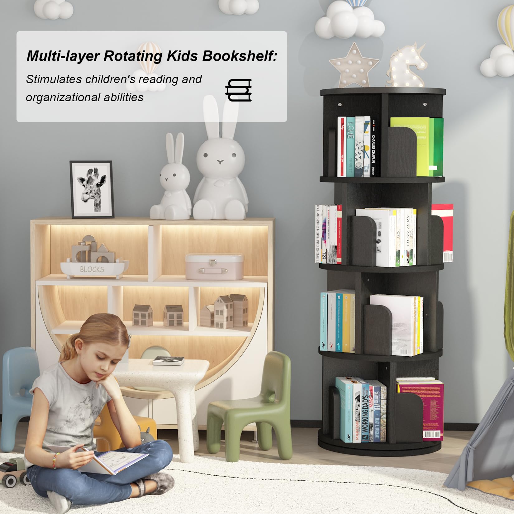 GarveeHome Rotating Bookshelf, 360 Display 4 Tier Bookcase Storage Rack for Kids & Adults, Corner Spinning Book Shelf for Small Space, Wood Revolving Bookcase Organizer for Bedroom, Living Room, Black